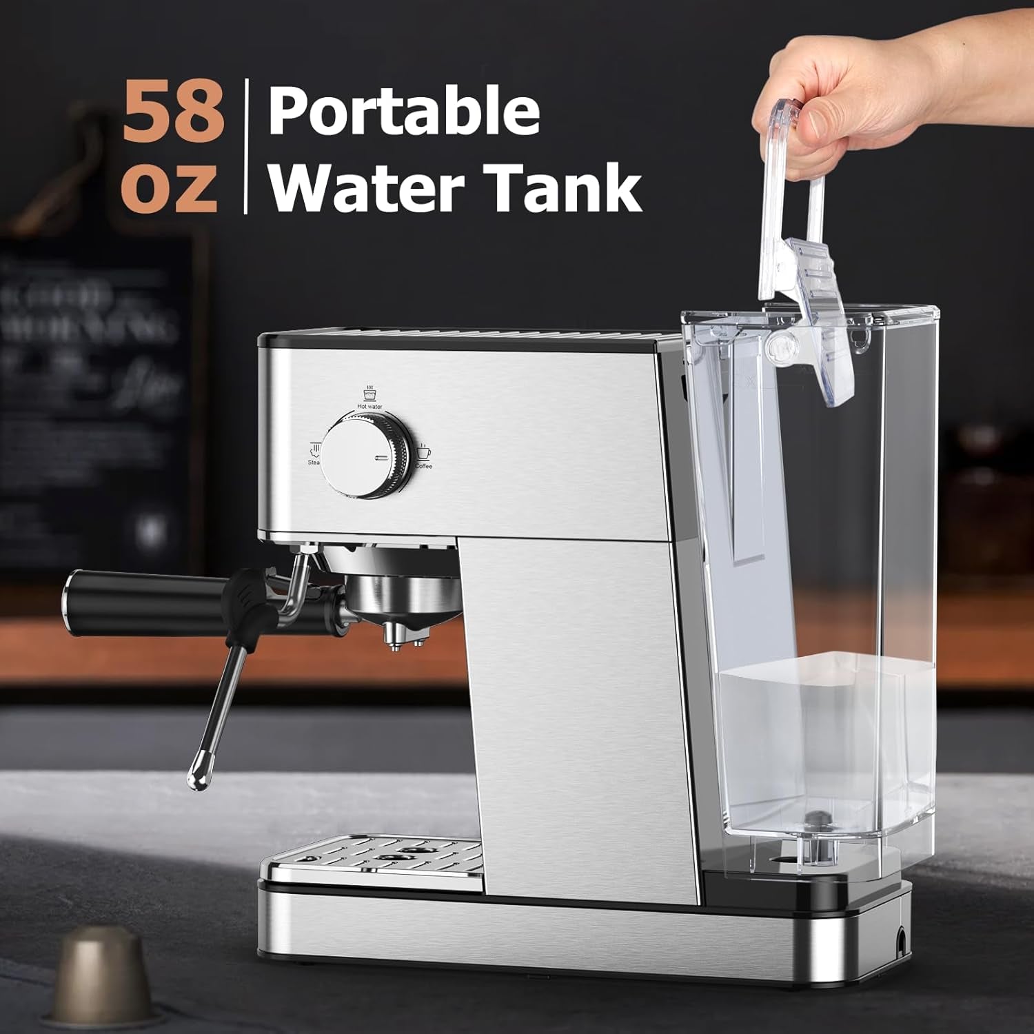 Elevate Your Coffee Experience with the KOIOS EM621 Espresso Machine - 20 Bar Compact Maker with Steam Wand and 58Oz Removable Water Tank in Sleek Silver