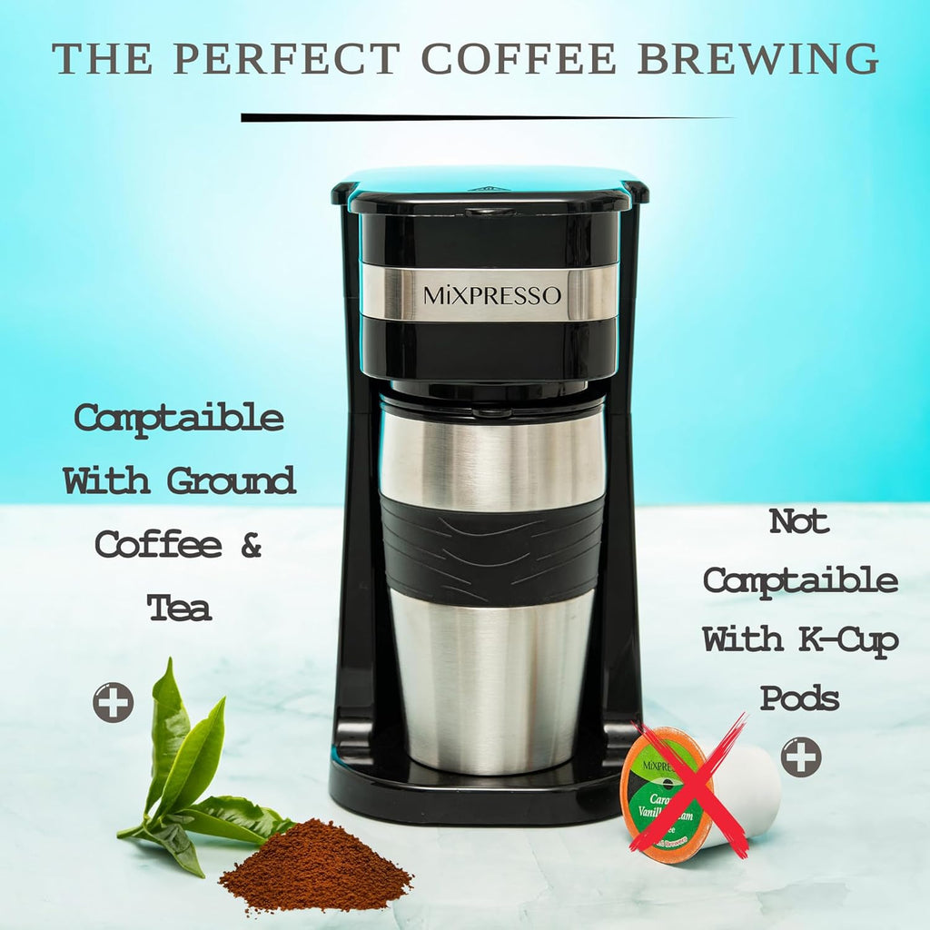 Compact Black Personal Single Serve Coffee Maker with 14Oz Travel Mug – Perfect for On-the-Go Brewing and Easy Cleanup!