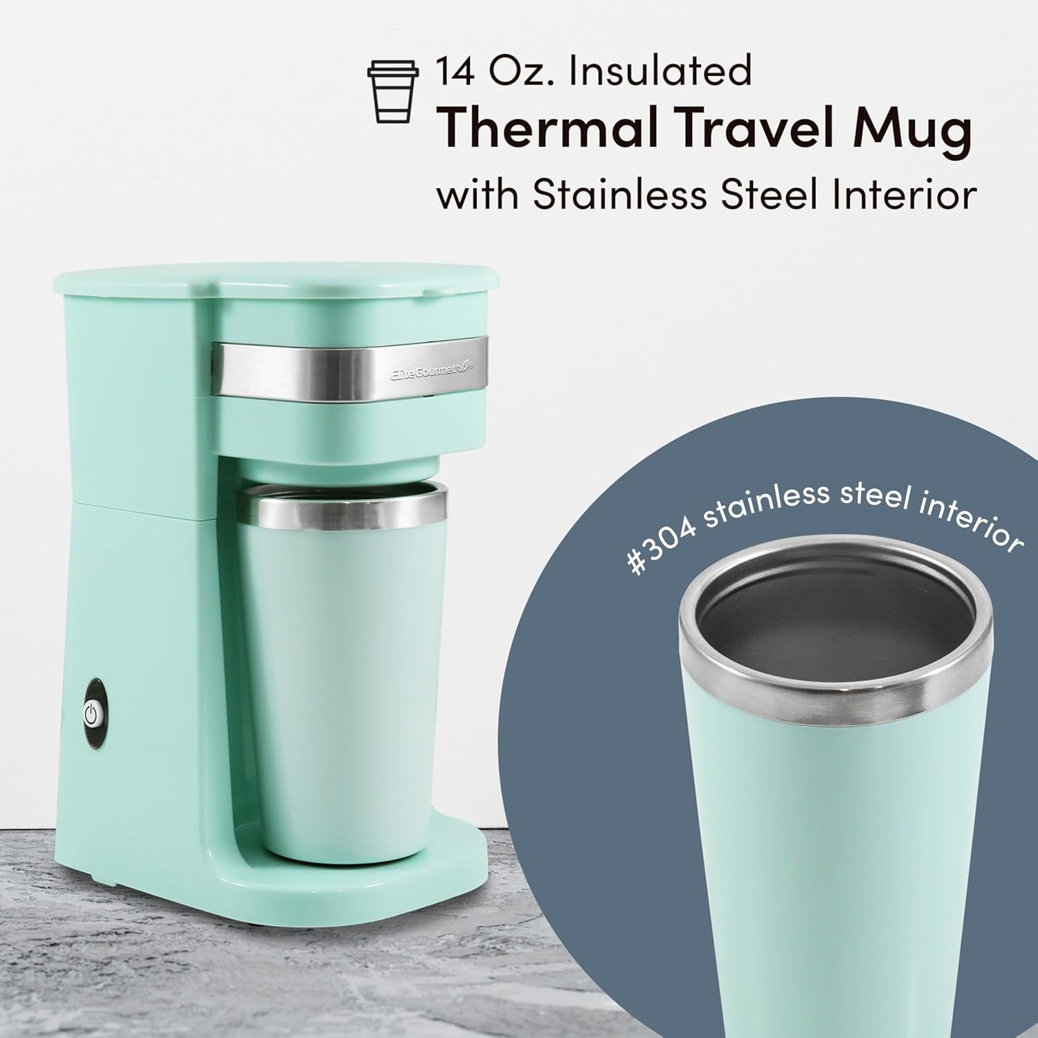 Brew Your Perfect Cup Anywhere with the EHC113M Personal Single-Serve Compact Coffee Maker - Includes 14Oz Stainless Steel Travel Mug and Reusable Filter in Stylish Mint
