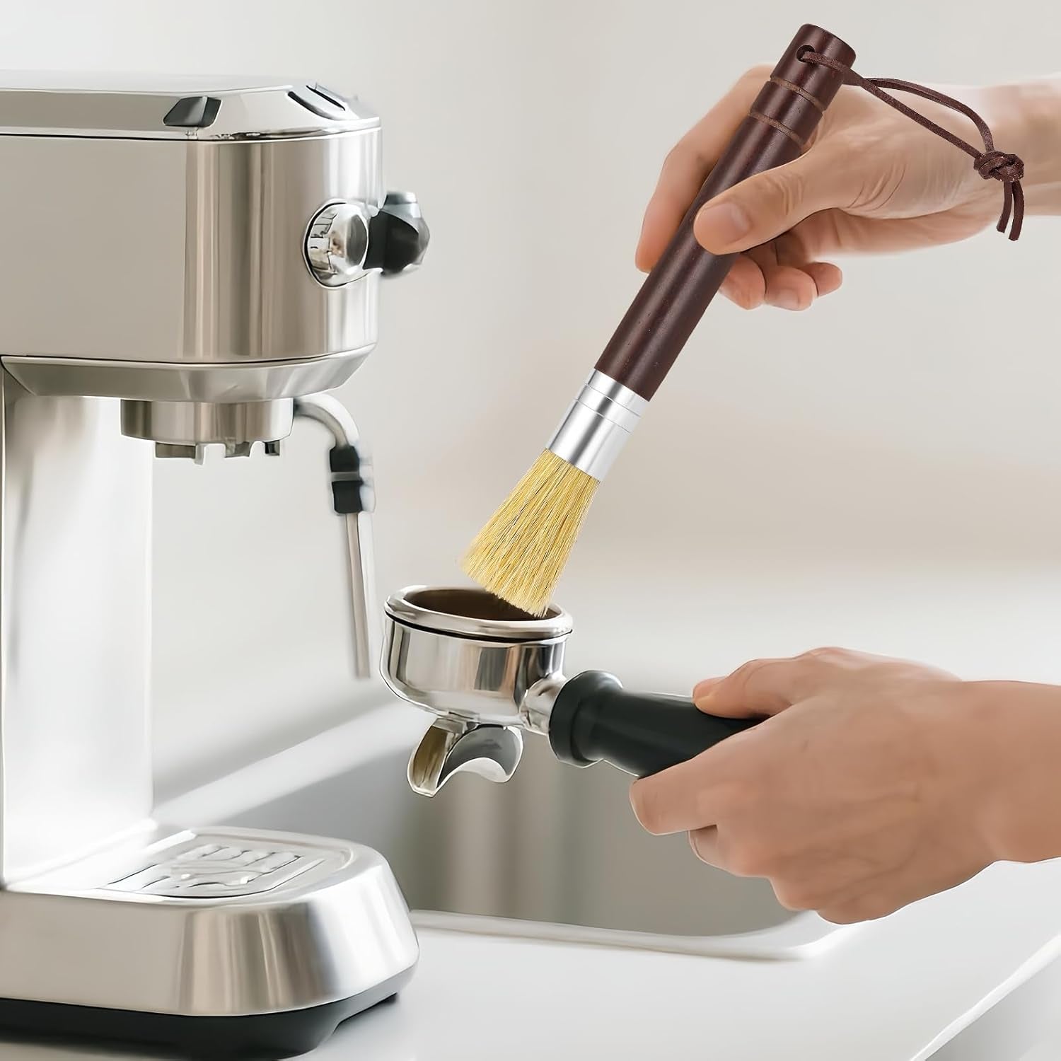 Premium Coffee Grinder Cleaning Brush - Natural Bristle Espresso Machine Brush with Comfortable Wooden Handle for Home Baristas