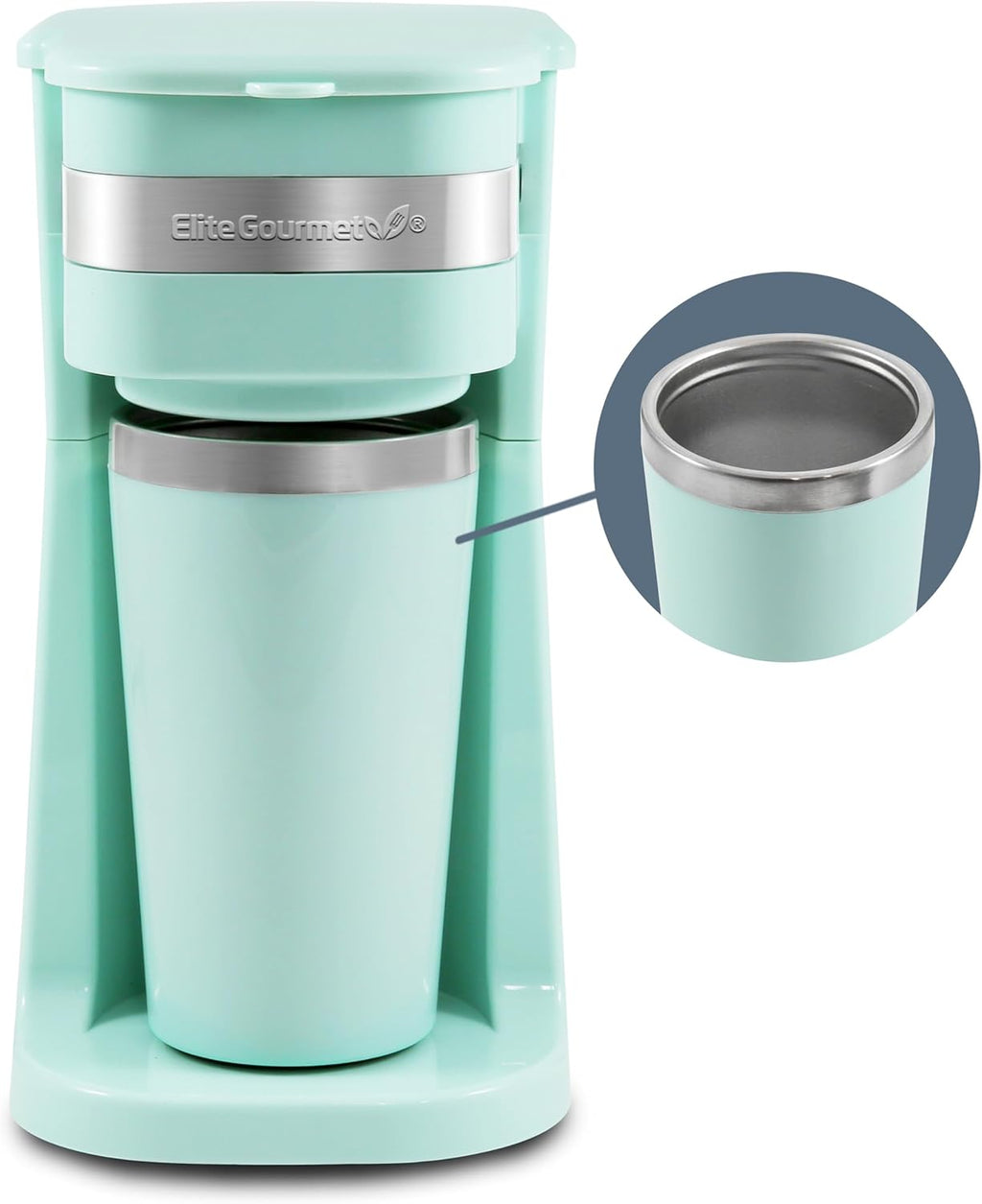 Brew Your Perfect Cup Anywhere with the EHC113M Personal Single-Serve Compact Coffee Maker - Includes 14Oz Stainless Steel Travel Mug and Reusable Filter in Stylish Mint