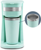 Brew Your Perfect Cup Anywhere with the EHC113M Personal Single-Serve Compact Coffee Maker - Includes 14Oz Stainless Steel Travel Mug and Reusable Filter in Stylish Mint