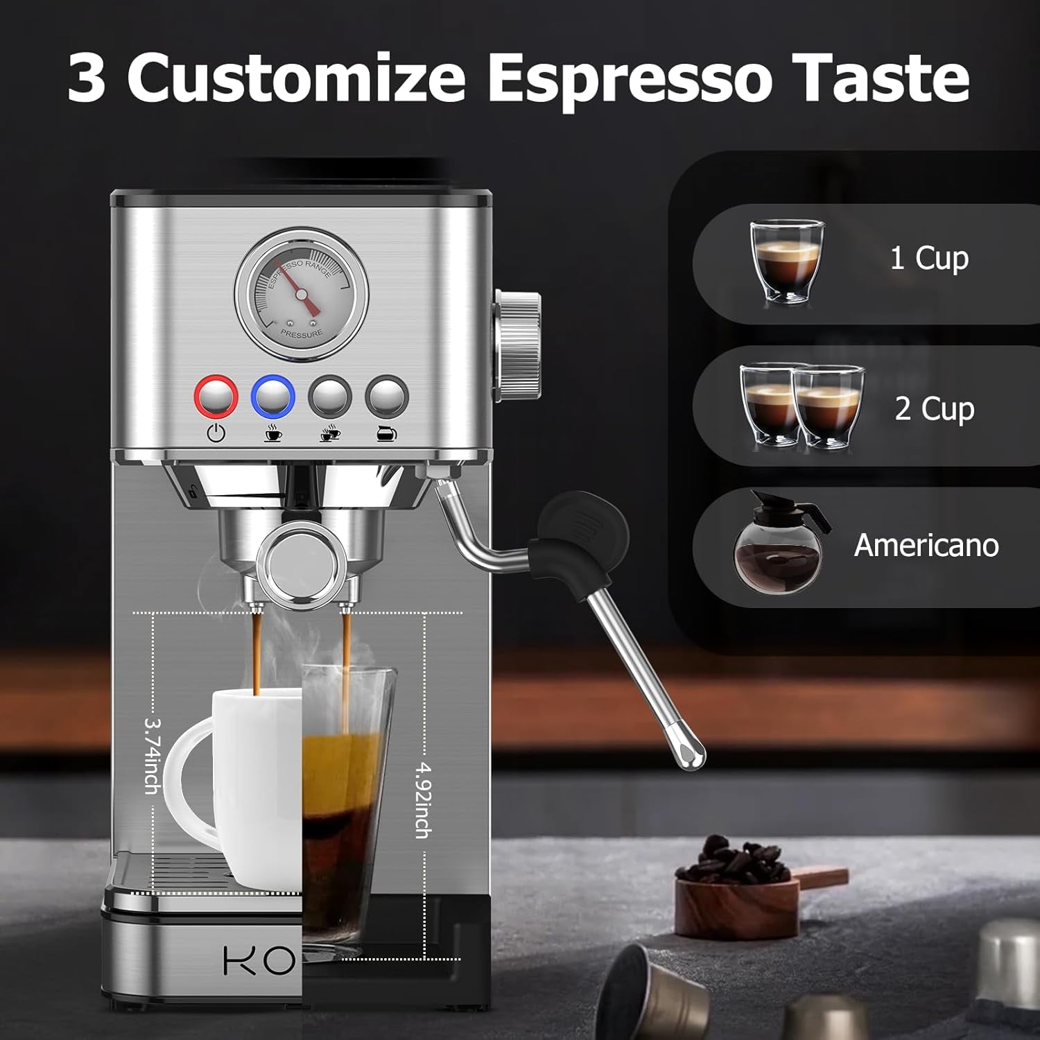 Elevate Your Coffee Experience with the KOIOS EM621 Espresso Machine - 20 Bar Compact Maker with Steam Wand and 58Oz Removable Water Tank in Sleek Silver