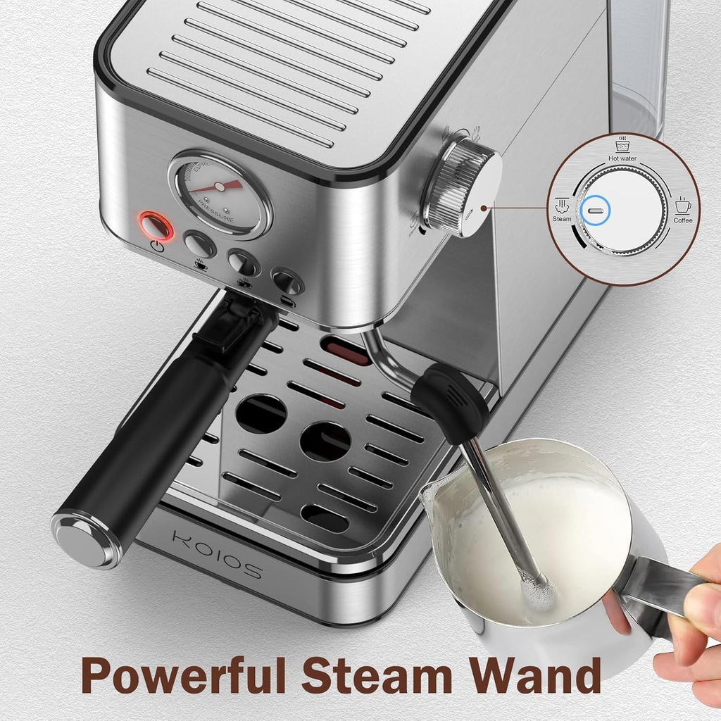 Elevate Your Coffee Experience with the KOIOS EM621 Espresso Machine - 20 Bar Compact Maker with Steam Wand and 58Oz Removable Water Tank in Sleek Silver