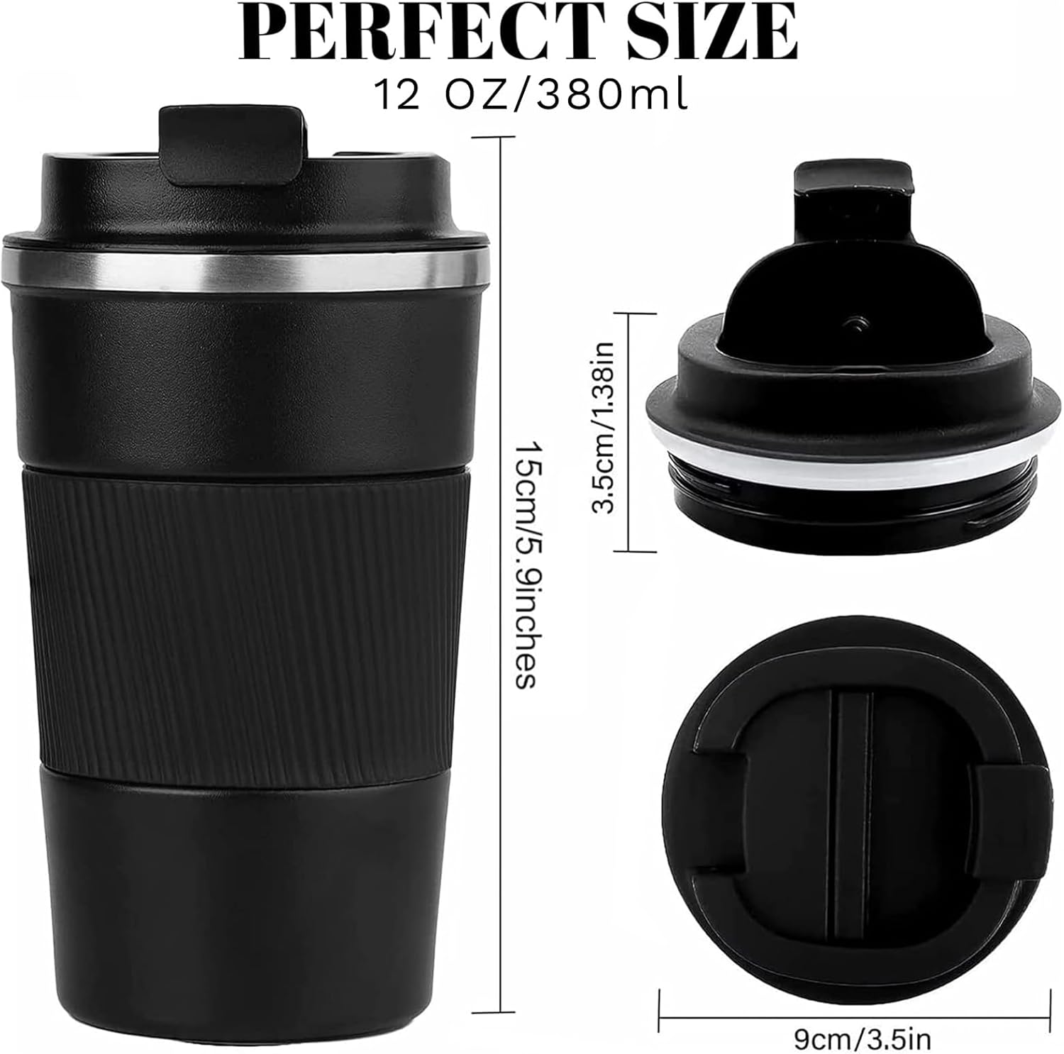 Insulated Travel Coffee Mug, Spill & Leak Proof, Reusable Thermal Coffee Cup with Lid for Hot & Cold Drinks (Black, 12 OZ)