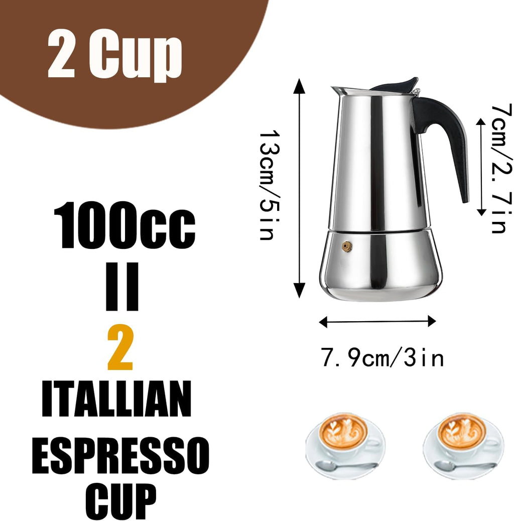 2 Cup Stovetop Espresso Maker Stainless Steel Moka Pot Stove Top Percolator Italian Coffee Makers Insulated Coffee Tumbler 450Ml Travel Coffee Mug 316 Stainless Steel Direct Drink Opening