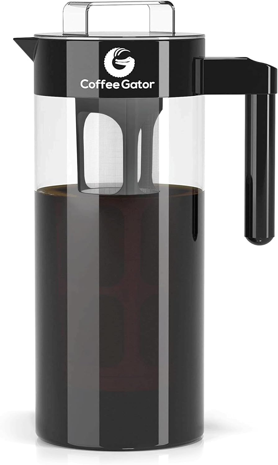 Experience the Ultimate Cold Brew Coffee Maker - 47 Oz Iced Tea & Cold Brew Pitcher with Glass Carafe, Filter, Funnel & Measuring Scoop in Sleek Black Design