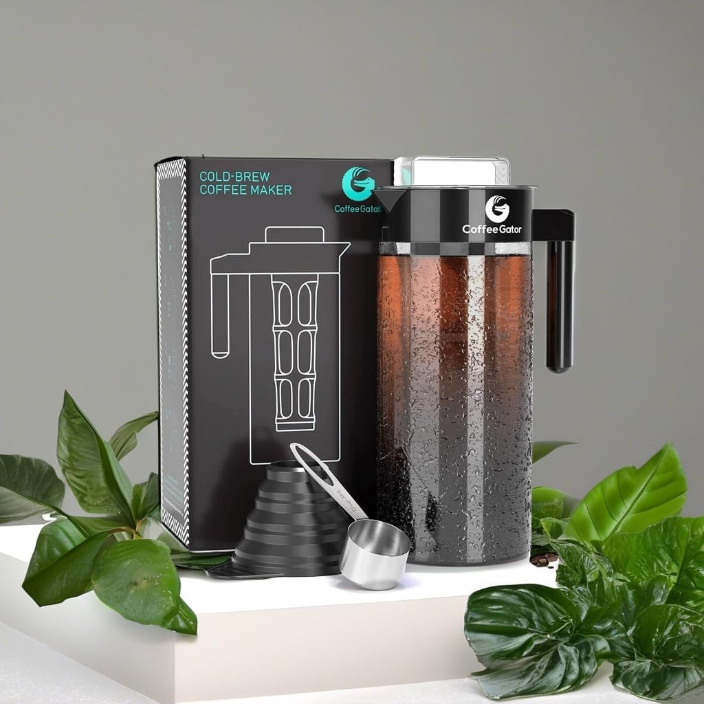 Experience the Ultimate Cold Brew Coffee Maker - 47 Oz Iced Tea & Cold Brew Pitcher with Glass Carafe, Filter, Funnel & Measuring Scoop in Sleek Black Design