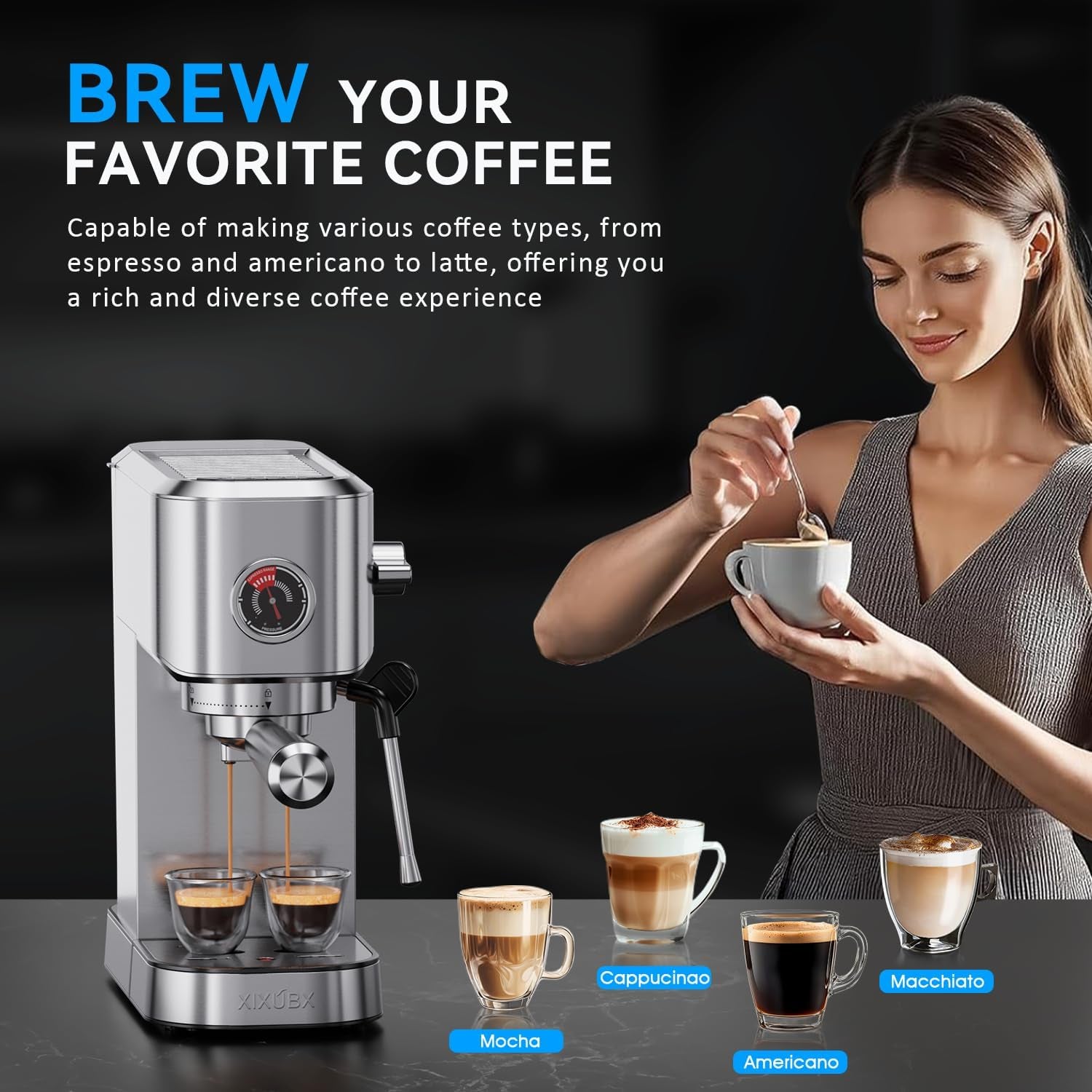Premium 20Bar Espresso Machine with Milk Frother - Compact Stainless Steel Coffee Maker for Perfect Cappuccinos & Lattes, 42Oz Water Tank, and Visible Pressure Gauge - Ideal for Home & Office Use