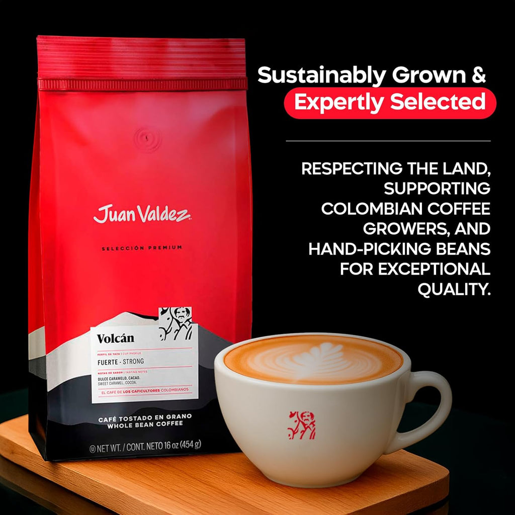 Indulge in Bold Flavors: Volcan Whole Bean Dark Roast Coffee - 100% Colombian Arabica with Sweet Caramel & Cocoa Notes - 16 Oz