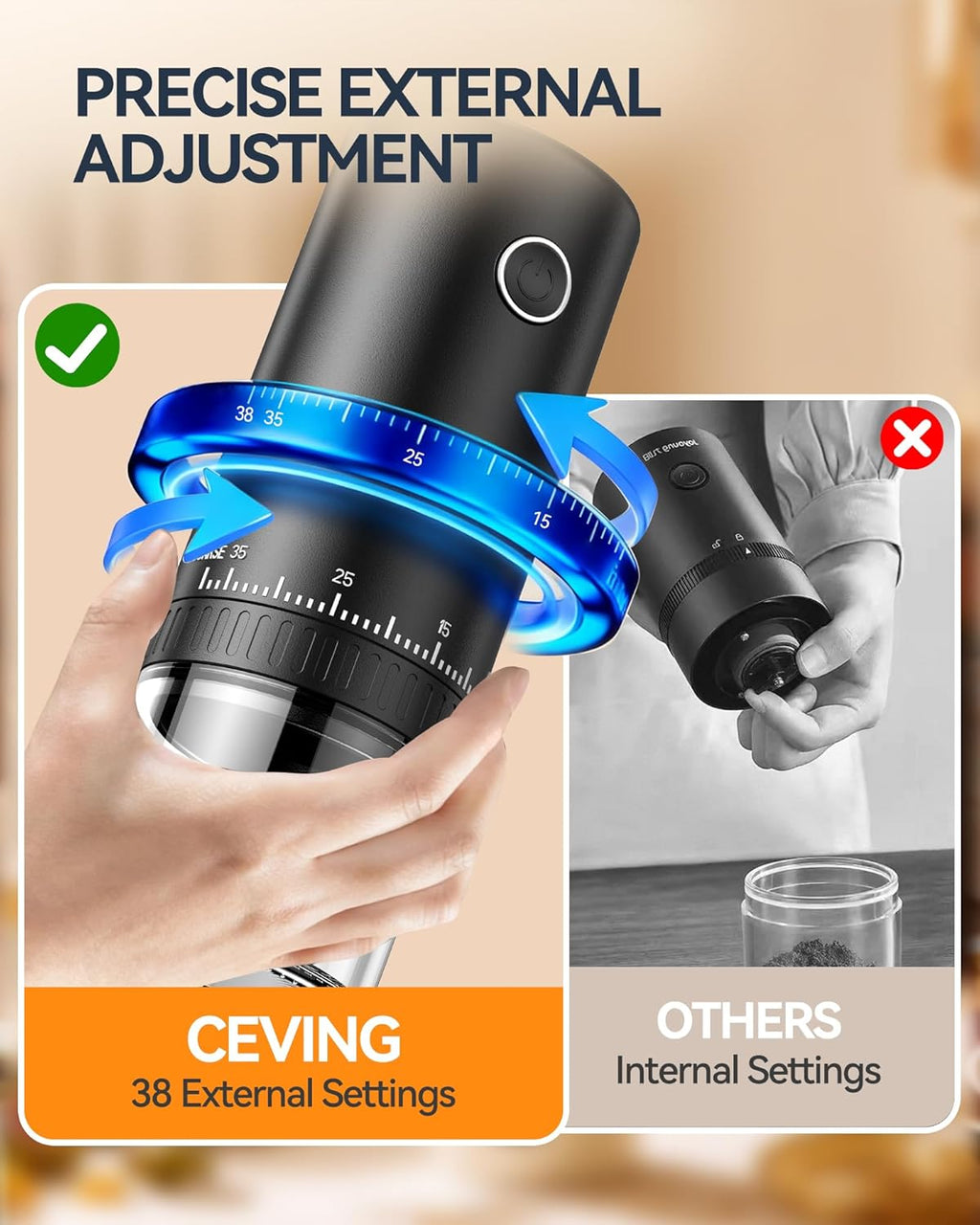 Revolutionary Rechargeable Coffee Grinder - Grind While Charging, 1.7X Faster with 38 Adjustable Settings, Conical Ceramic Burrs & 2000mAh Battery - Perfect for Travel & Camping!