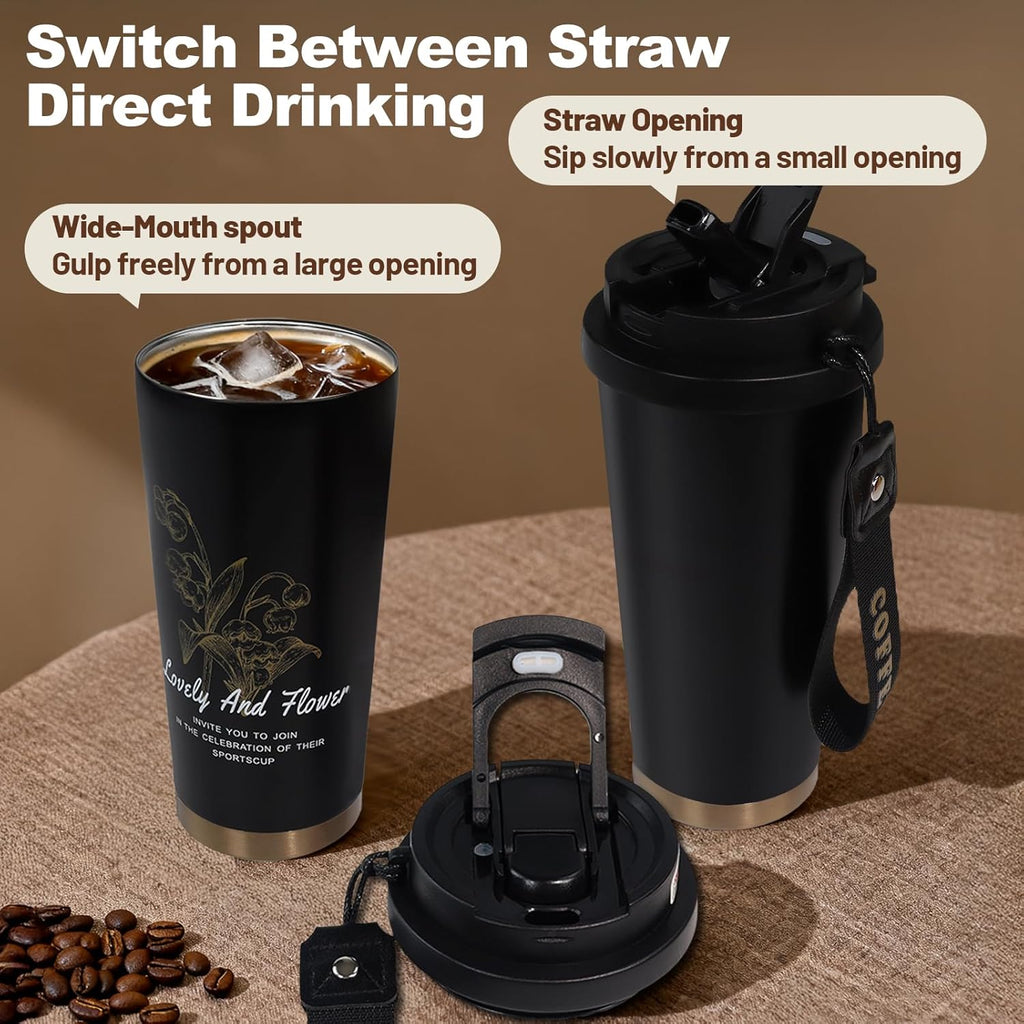 Insulated Coffee Tumbler 530Ml Travel Mug 316 Stainless Steel Dual Drink Openings 9 Cup Aluminum Espresso Stovetop Moka Pot Express Coffee Maker Percolator Italian Classic Mocha Coffee