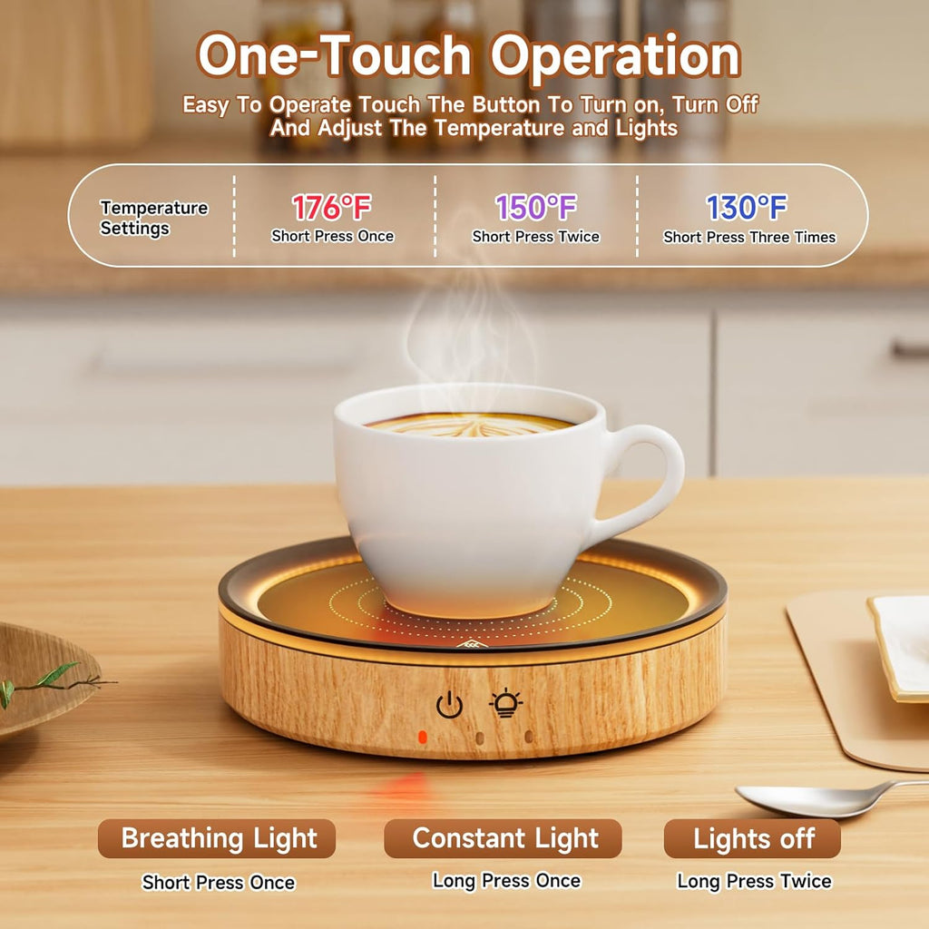 36W Mug Warmer, 3 Temperature Settings, Auto Shut off (2-12H), Design with Ambient Light, (Wood Grain)
