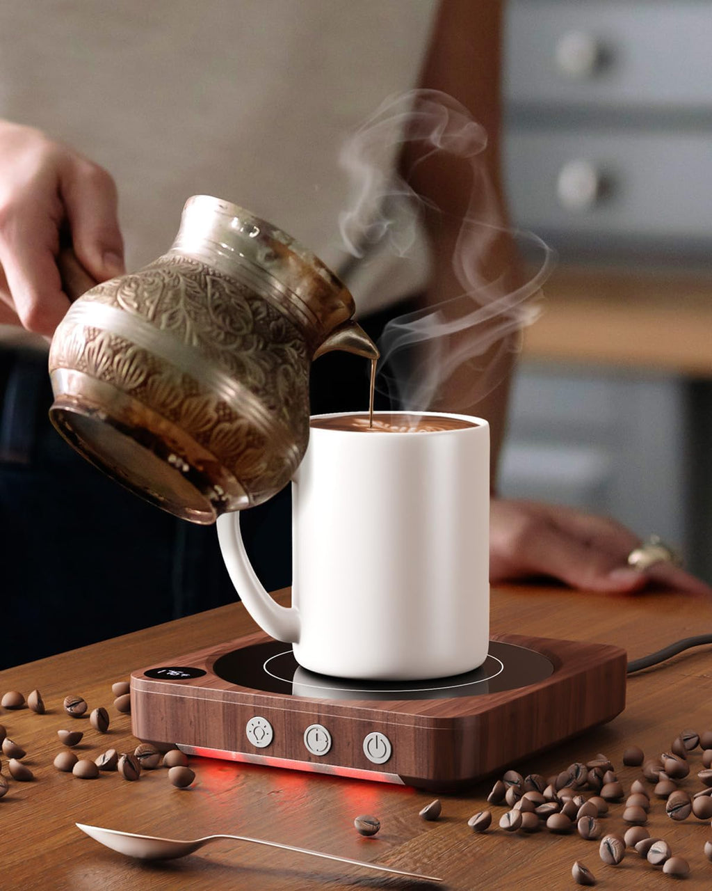 Elevate Your Coffee Experience with the 36W Wood Coffee Mug Warmer - Customizable Temperature Control and Auto Shut Off for Ultimate Convenience