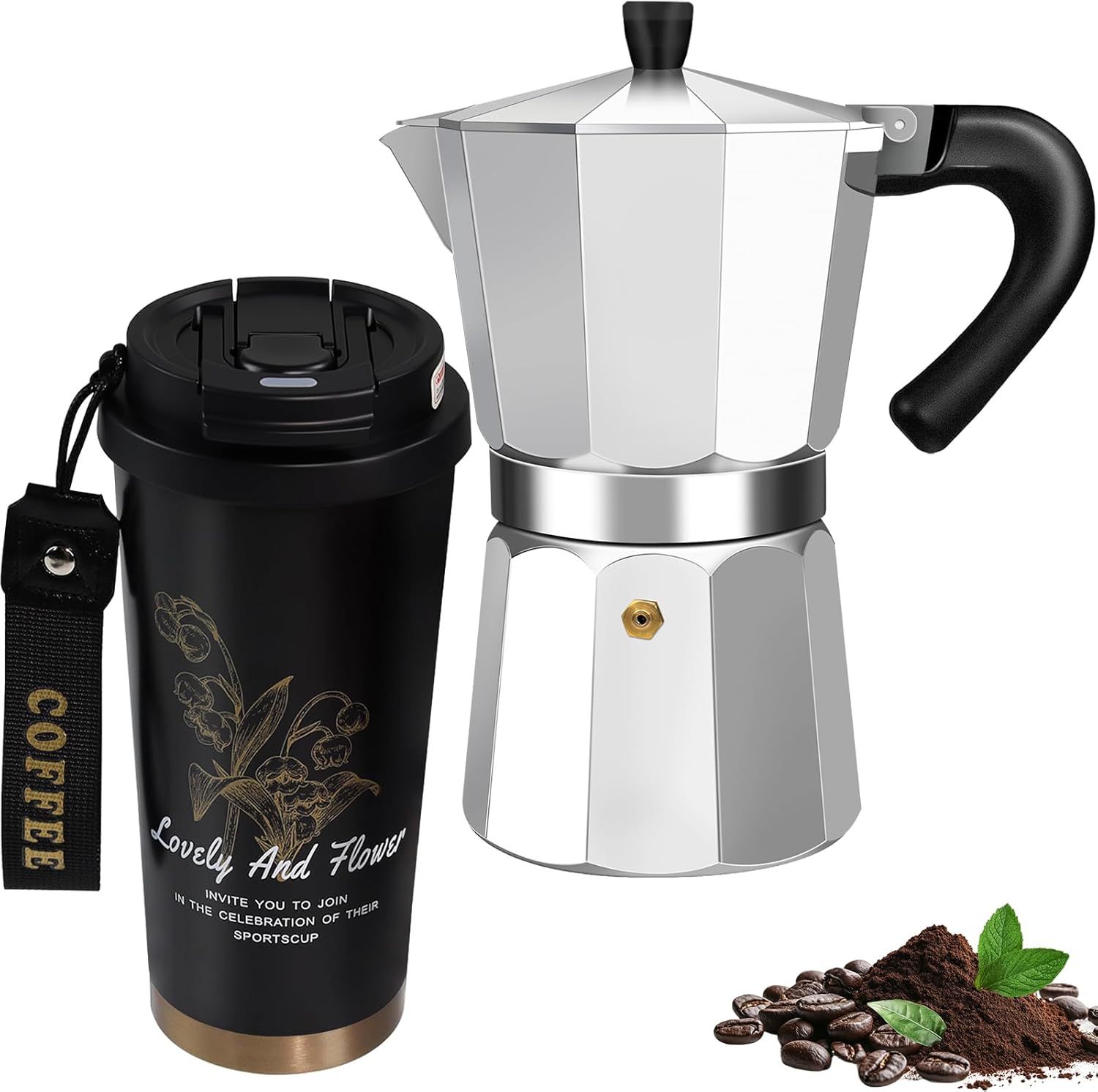Insulated Coffee Tumbler 530Ml Travel Mug 316 Stainless Steel Dual Drink Openings 9 Cup Aluminum Espresso Stovetop Moka Pot Express Coffee Maker Percolator Italian Classic Mocha Coffee