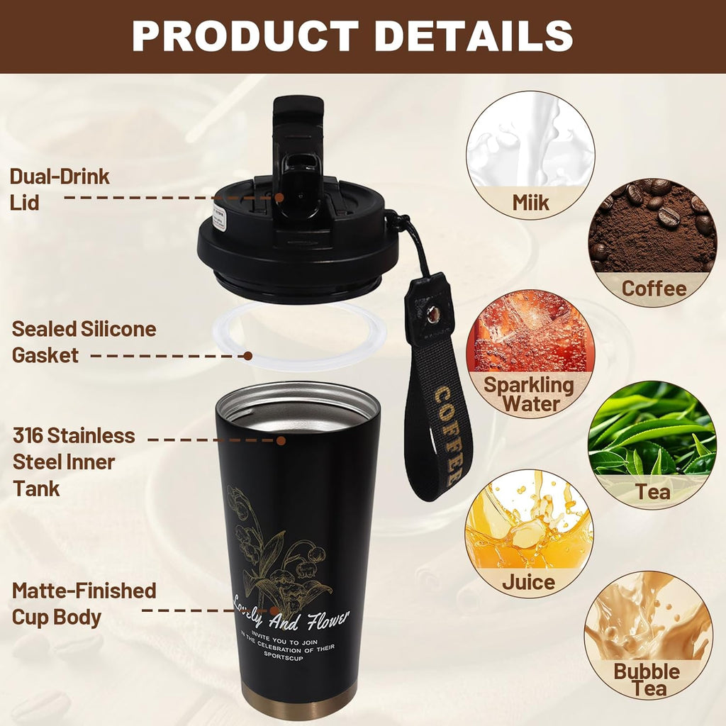 Insulated Coffee Tumbler 530Ml Travel Mug 316 Stainless Steel Dual Drink Openings 9 Cup Aluminum Espresso Stovetop Moka Pot Express Coffee Maker Percolator Italian Classic Mocha Coffee