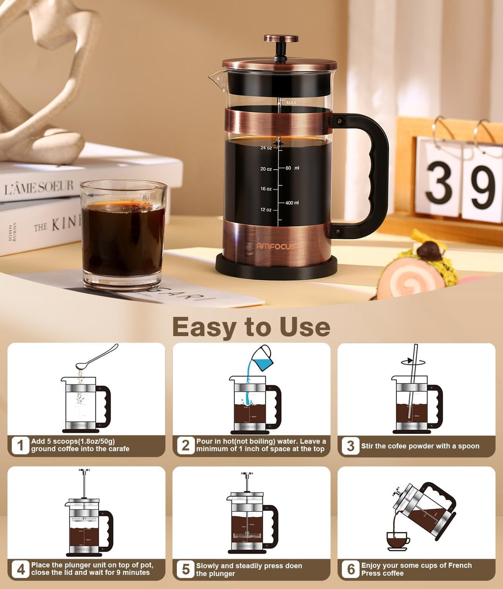Experience the Perfect Brew with Our Premium 34 oz French Press Coffee Maker - Classic Copper Design with Advanced 4-Level Filtration and Heat-Resistant Borosilicate Glass - Ideal for Camping, Travel, and Gifting