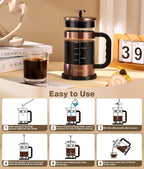 Experience the Perfect Brew with Our Premium 34 oz French Press Coffee Maker - Classic Copper Design with Advanced 4-Level Filtration and Heat-Resistant Borosilicate Glass - Ideal for Camping, Travel, and Gifting
