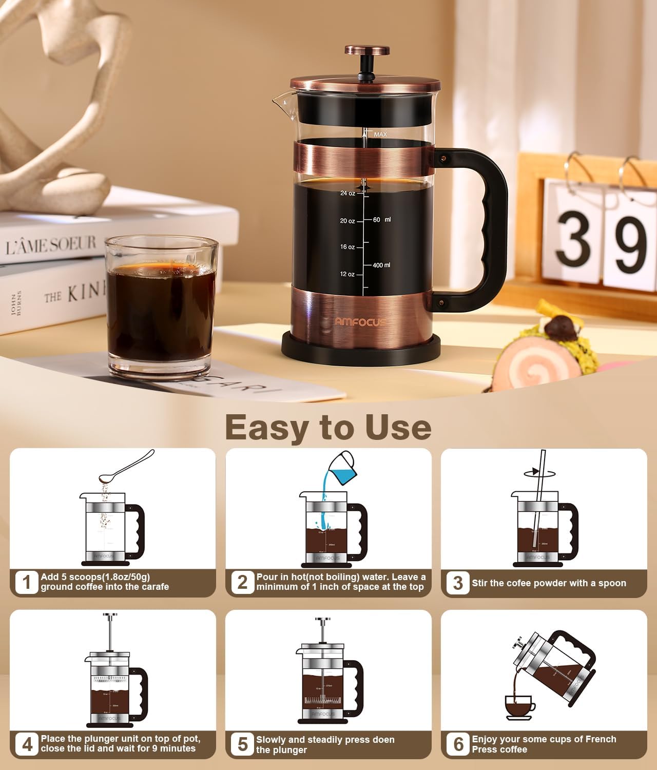 Experience the Perfect Brew with Our Premium 34 oz French Press Coffee Maker - Classic Copper Design with Advanced 4-Level Filtration and Heat-Resistant Borosilicate Glass - Ideal for Camping, Travel, and Gifting
