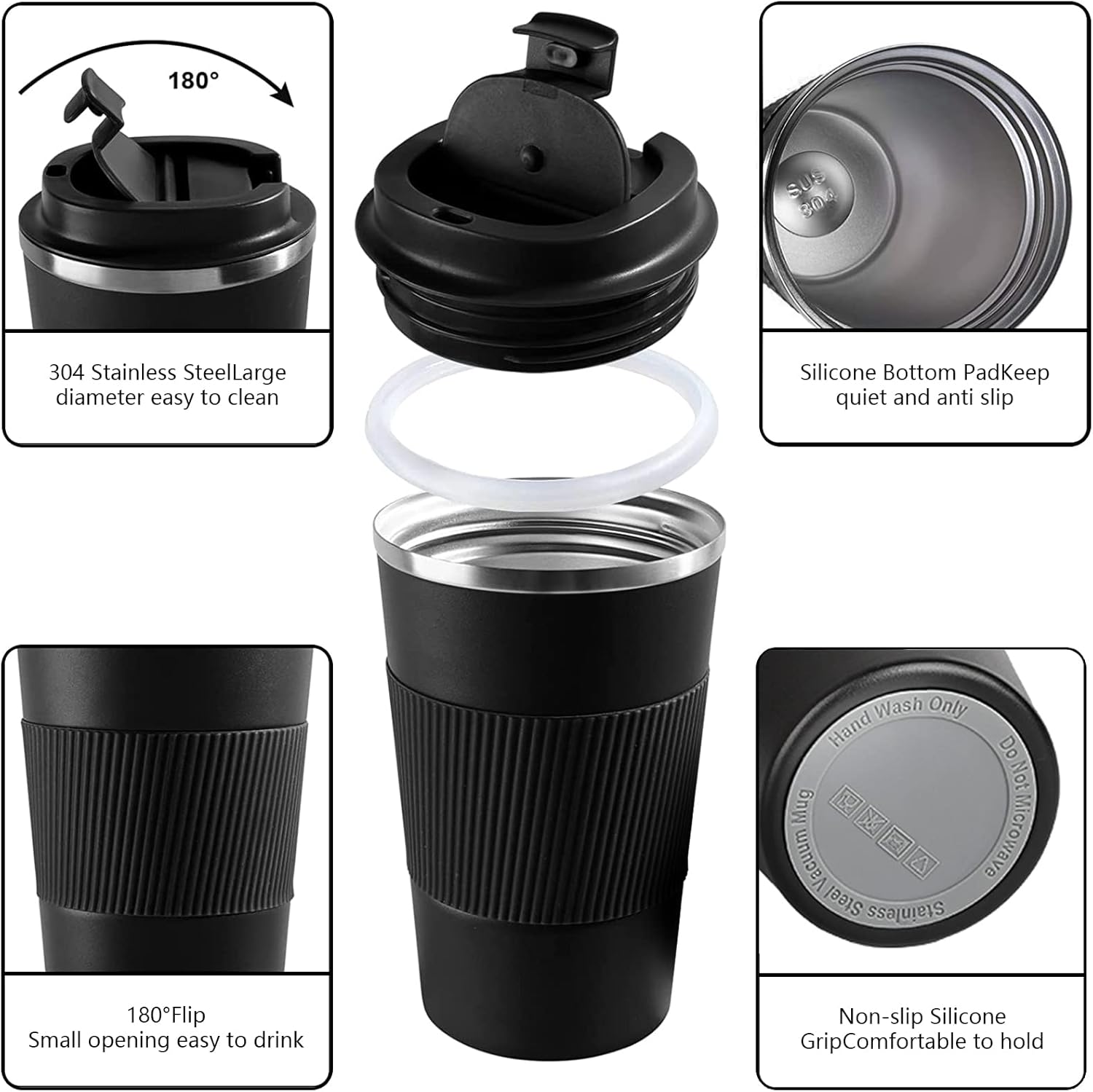 Insulated Travel Coffee Mug, Spill & Leak Proof, Reusable Thermal Coffee Cup with Lid for Hot & Cold Drinks (Black, 12 OZ)