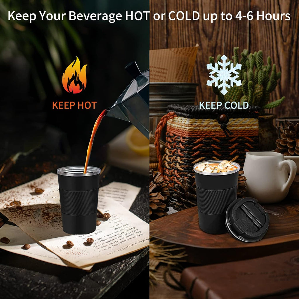 Insulated Travel Coffee Mug, Spill & Leak Proof, Reusable Thermal Coffee Cup with Lid for Hot & Cold Drinks (Black, 12 OZ)