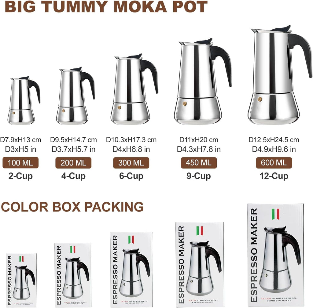 2 Cup Stovetop Espresso Maker Stainless Steel Moka Pot Stove Top Percolator Italian Coffee Makers Insulated Coffee Tumbler 450Ml Travel Coffee Mug 316 Stainless Steel Direct Drink Opening