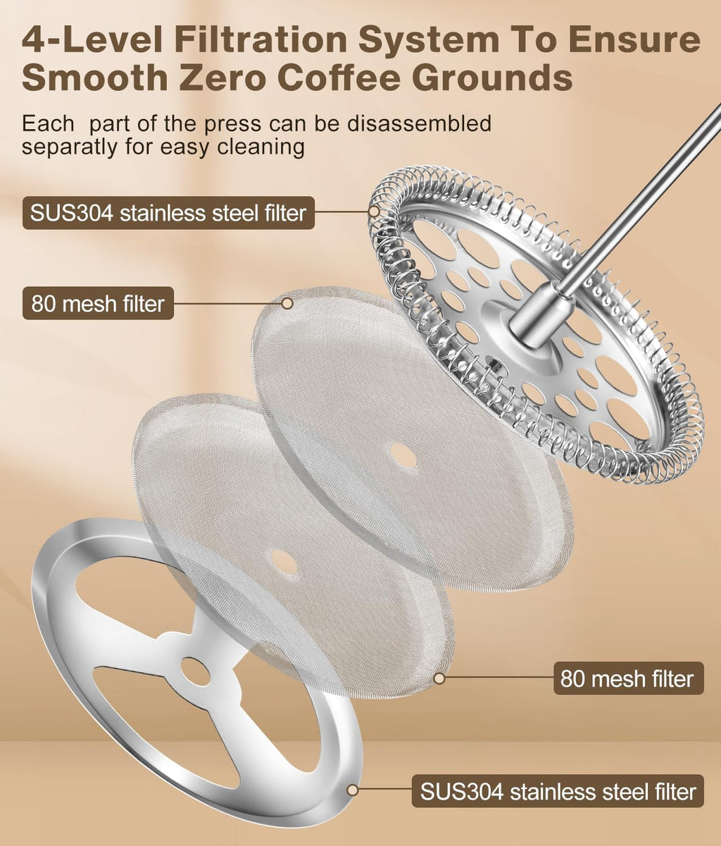 Experience the Perfect Brew with Our Premium 34 oz French Press Coffee Maker - Classic Copper Design with Advanced 4-Level Filtration and Heat-Resistant Borosilicate Glass - Ideal for Camping, Travel, and Gifting