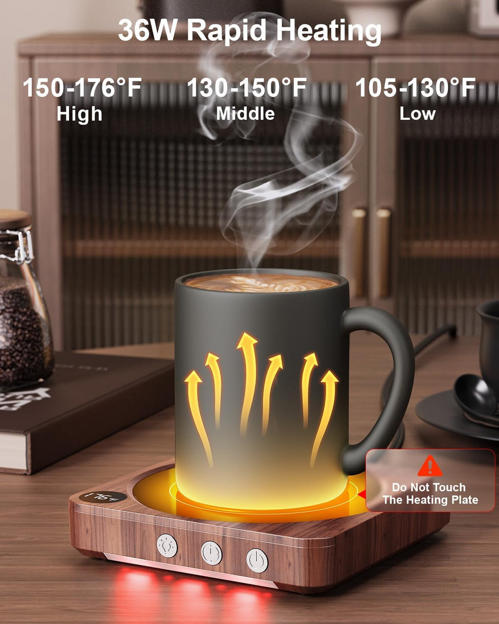 Elevate Your Coffee Experience with the 36W Wood Coffee Mug Warmer - Customizable Temperature Control and Auto Shut Off for Ultimate Convenience