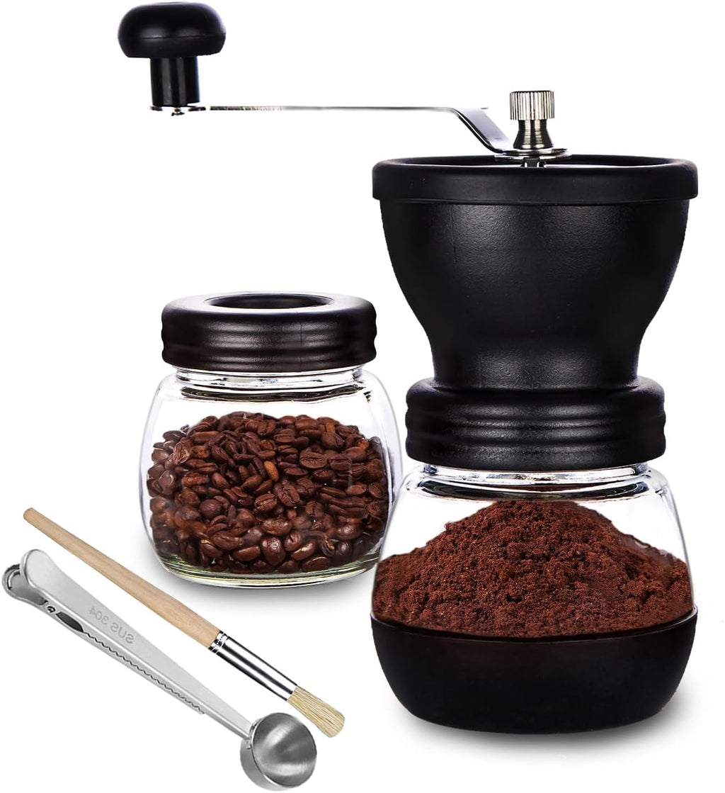 Premium Manual Coffee Bean Grinder with Ceramic Burr - Compact Hand Grinder with 2 Glass Jars (11oz Each) - Ideal for Drip Coffee, Espresso, French Press, and Turkish Brew