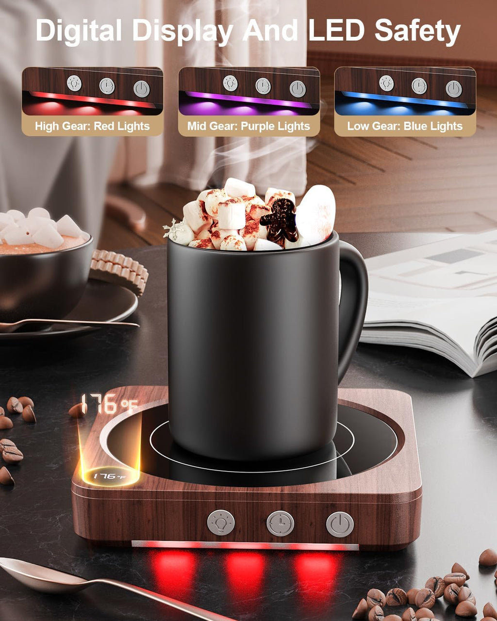 Elevate Your Coffee Experience with the 36W Wood Coffee Mug Warmer - Customizable Temperature Control and Auto Shut Off for Ultimate Convenience