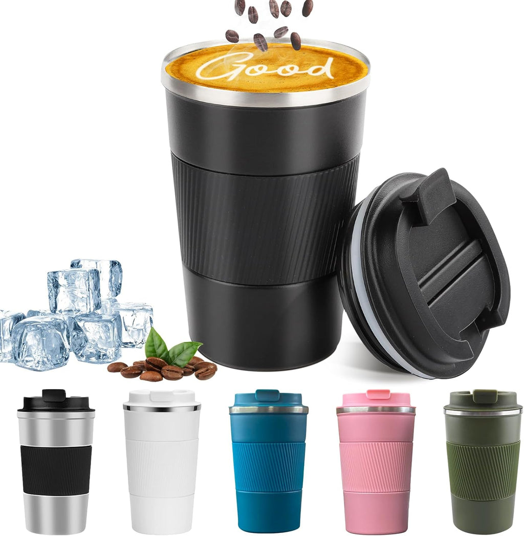 Insulated Travel Coffee Mug, Spill & Leak Proof, Reusable Thermal Coffee Cup with Lid for Hot & Cold Drinks (Black, 12 OZ)
