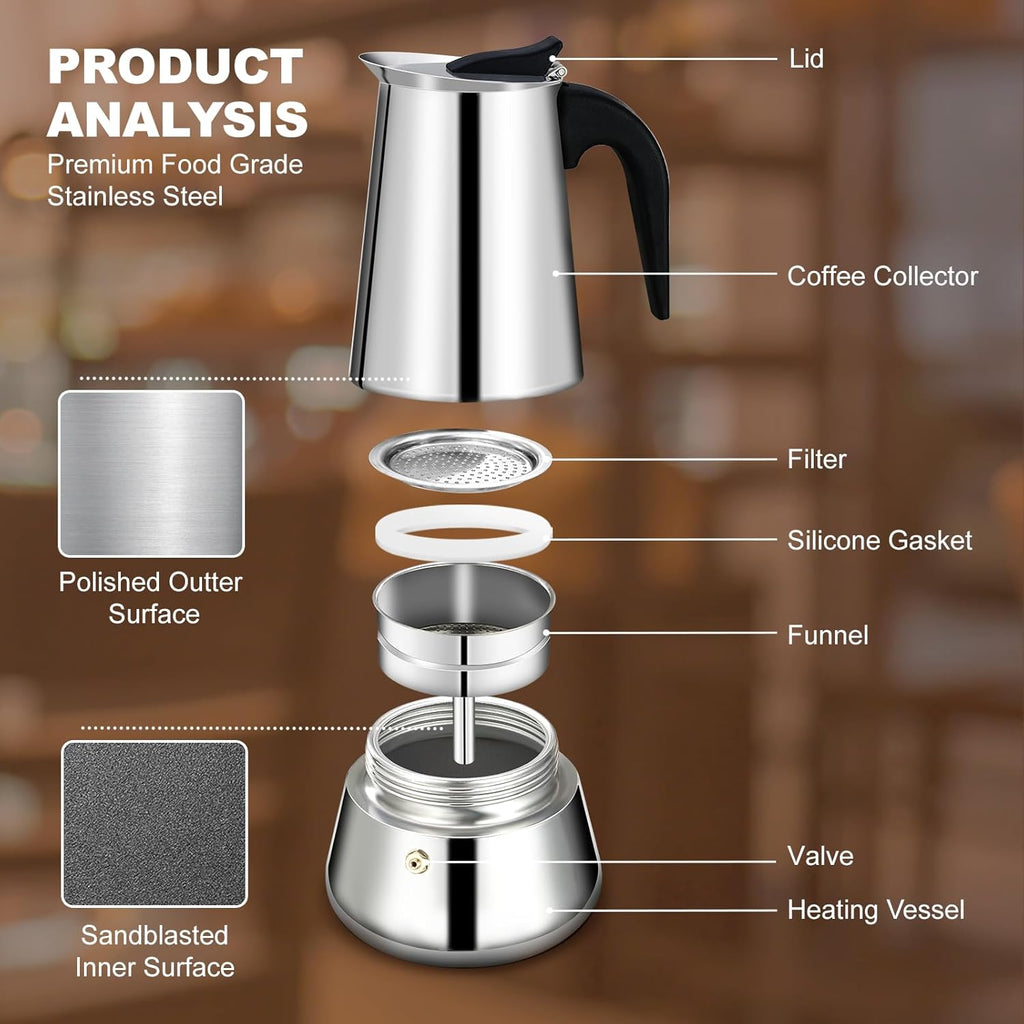 2 Cup Stovetop Espresso Maker Stainless Steel Moka Pot Stove Top Percolator Italian Coffee Makers Insulated Coffee Tumbler 450Ml Travel Coffee Mug 316 Stainless Steel Direct Drink Opening