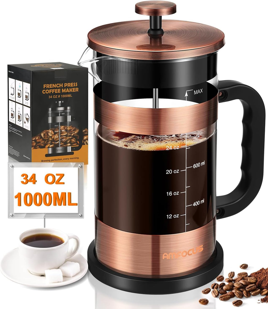 Experience the Perfect Brew with Our Premium 34 oz French Press Coffee Maker - Classic Copper Design with Advanced 4-Level Filtration and Heat-Resistant Borosilicate Glass - Ideal for Camping, Travel, and Gifting