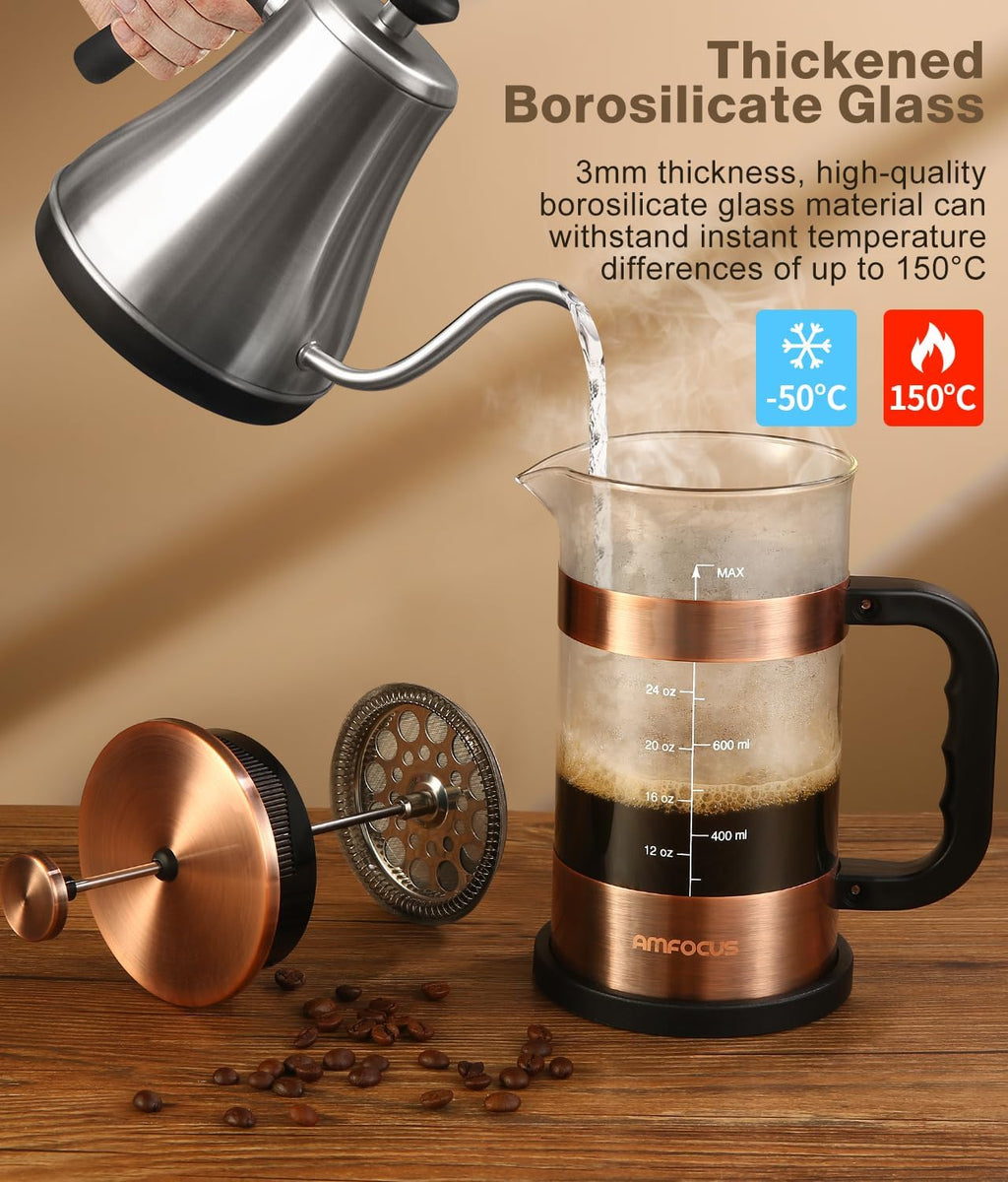 Experience the Perfect Brew with Our Premium 34 oz French Press Coffee Maker - Classic Copper Design with Advanced 4-Level Filtration and Heat-Resistant Borosilicate Glass - Ideal for Camping, Travel, and Gifting