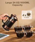 Experience the Perfect Brew with Our Premium 34 oz French Press Coffee Maker - Classic Copper Design with Advanced 4-Level Filtration and Heat-Resistant Borosilicate Glass - Ideal for Camping, Travel, and Gifting