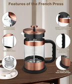 Experience the Perfect Brew with Our Premium 34 oz French Press Coffee Maker - Classic Copper Design with Advanced 4-Level Filtration and Heat-Resistant Borosilicate Glass - Ideal for Camping, Travel, and Gifting