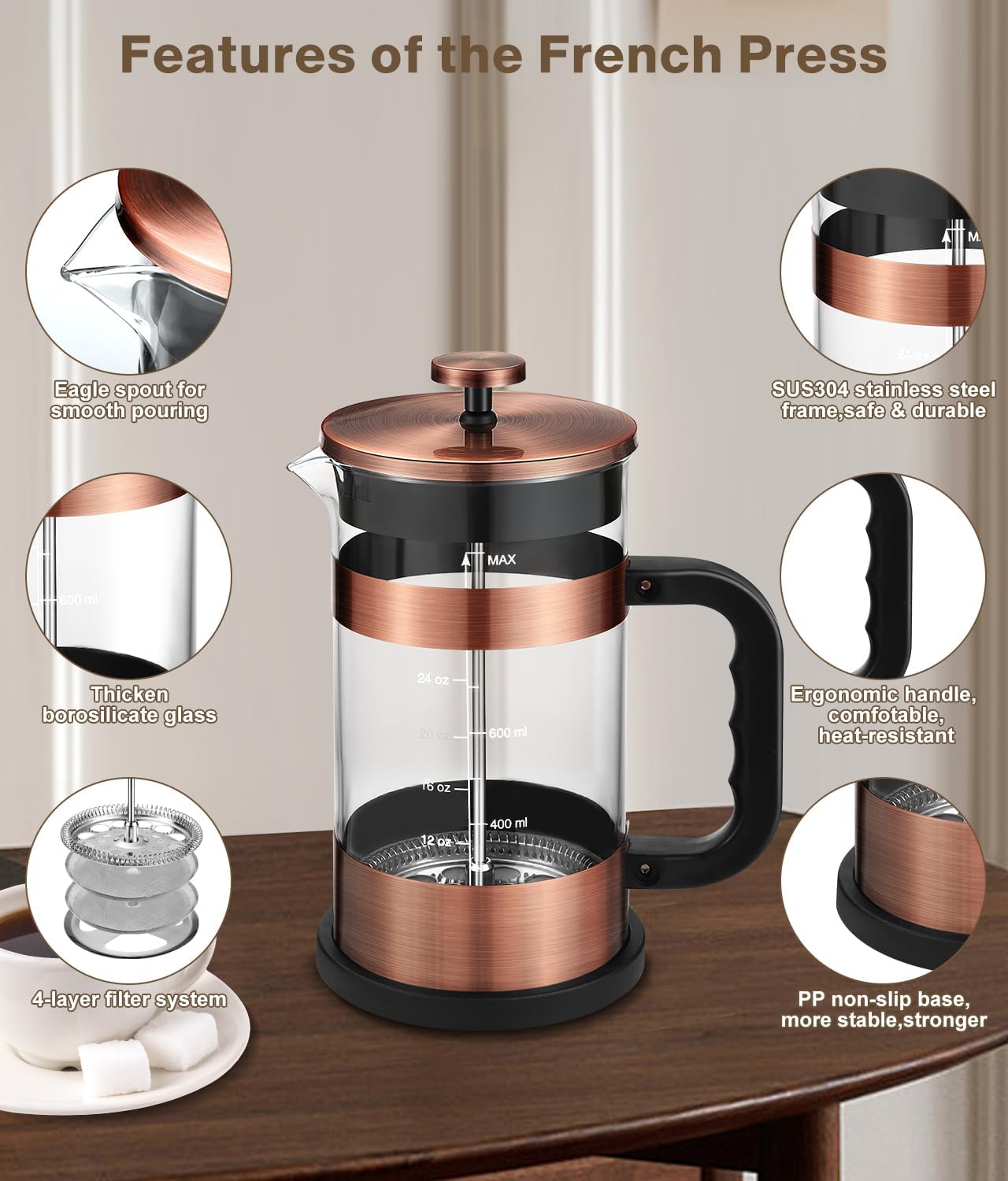 Experience the Perfect Brew with Our Premium 34 oz French Press Coffee Maker - Classic Copper Design with Advanced 4-Level Filtration and Heat-Resistant Borosilicate Glass - Ideal for Camping, Travel, and Gifting
