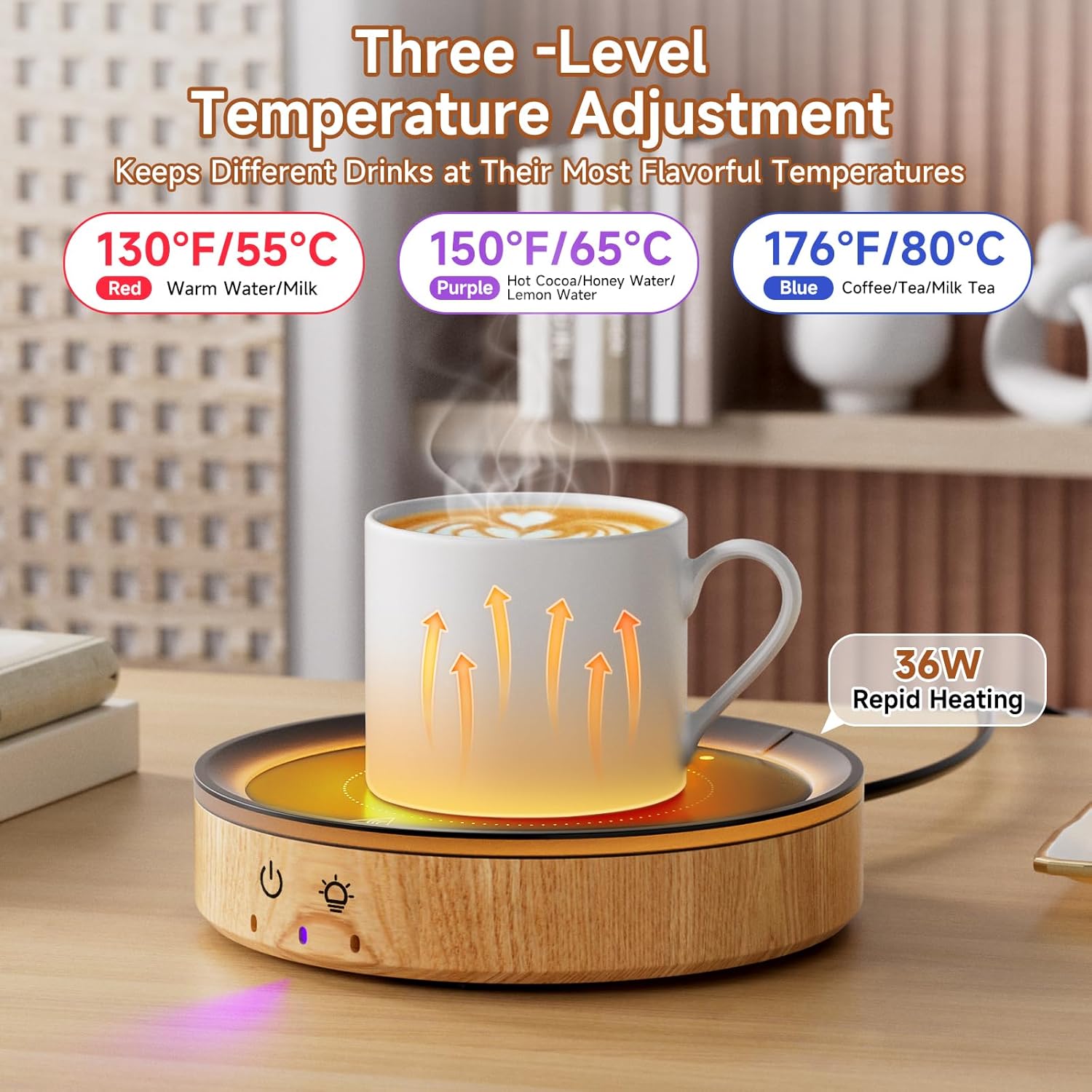 36W Mug Warmer, 3 Temperature Settings, Auto Shut off (2-12H), Design with Ambient Light, (Wood Grain)
