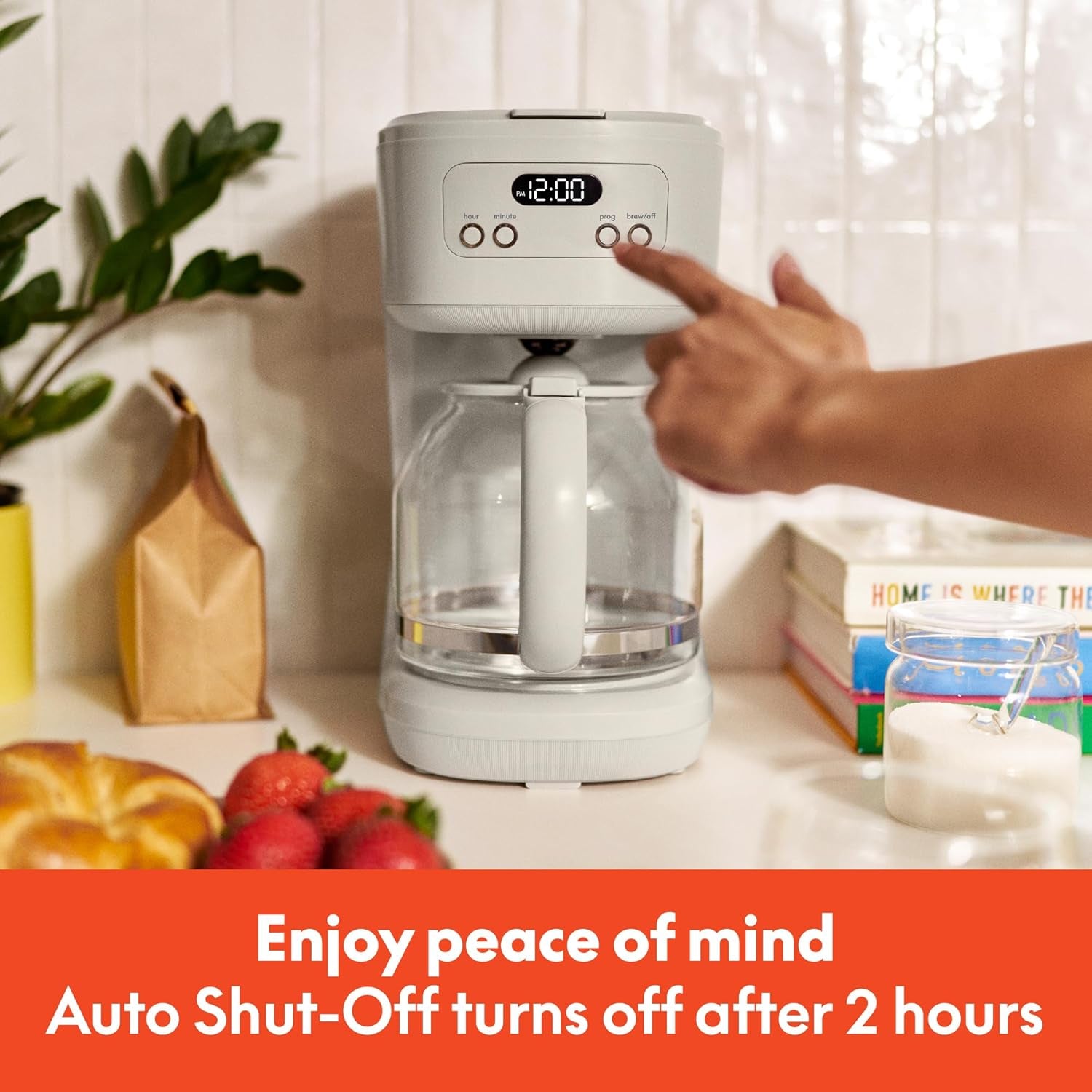 Wake Up to Fresh Brew: 12-Cup Programmable Coffee Maker with Reusable Filter and LCD Display in Oatmilk