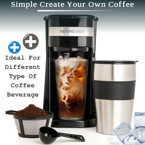 Compact Black Personal Single Serve Coffee Maker with 14Oz Travel Mug – Perfect for On-the-Go Brewing and Easy Cleanup!