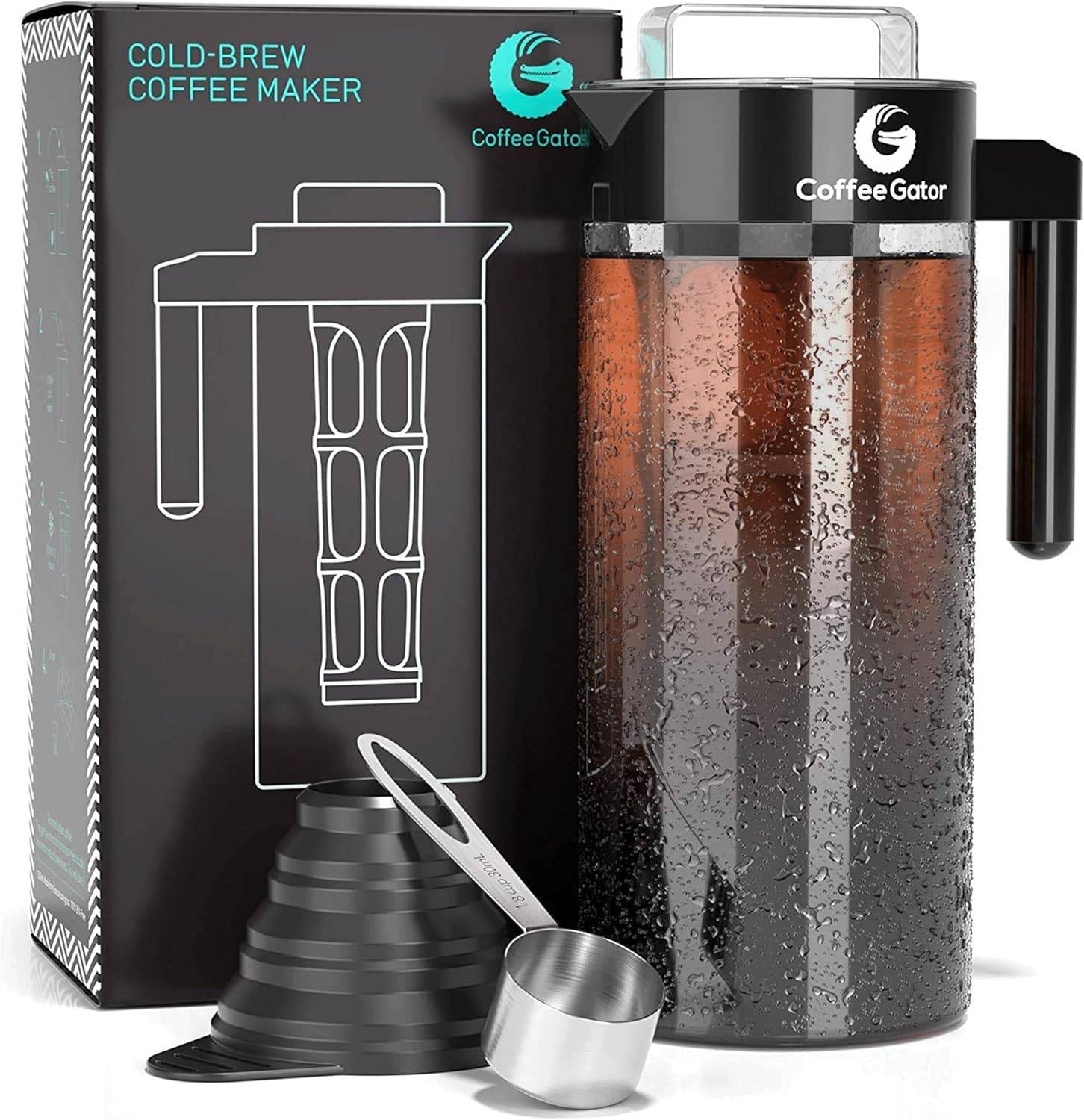 Experience the Ultimate Cold Brew Coffee Maker - 47 Oz Iced Tea & Cold Brew Pitcher with Glass Carafe, Filter, Funnel & Measuring Scoop in Sleek Black Design