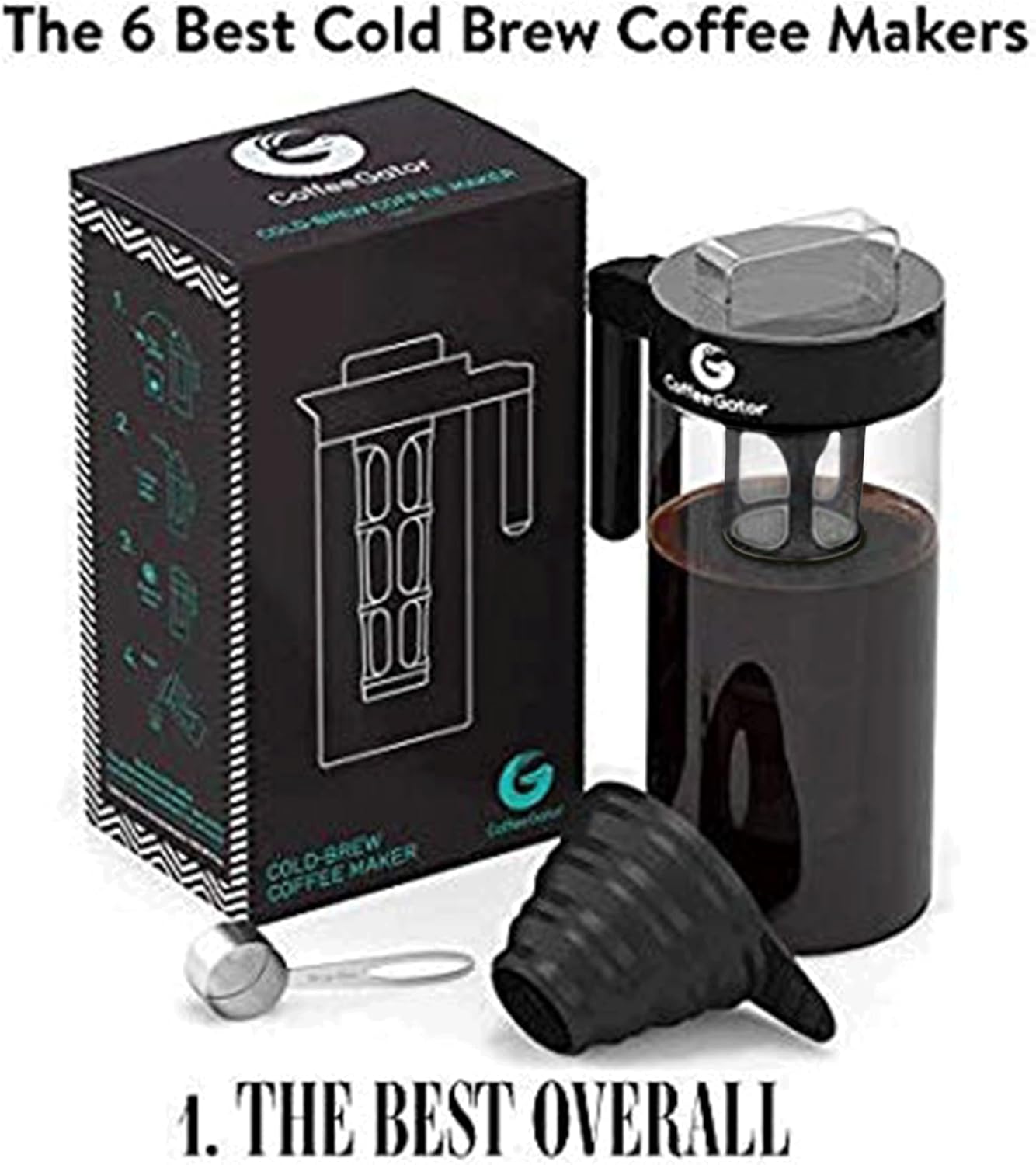 Experience the Ultimate Cold Brew Coffee Maker - 47 Oz Iced Tea & Cold Brew Pitcher with Glass Carafe, Filter, Funnel & Measuring Scoop in Sleek Black Design