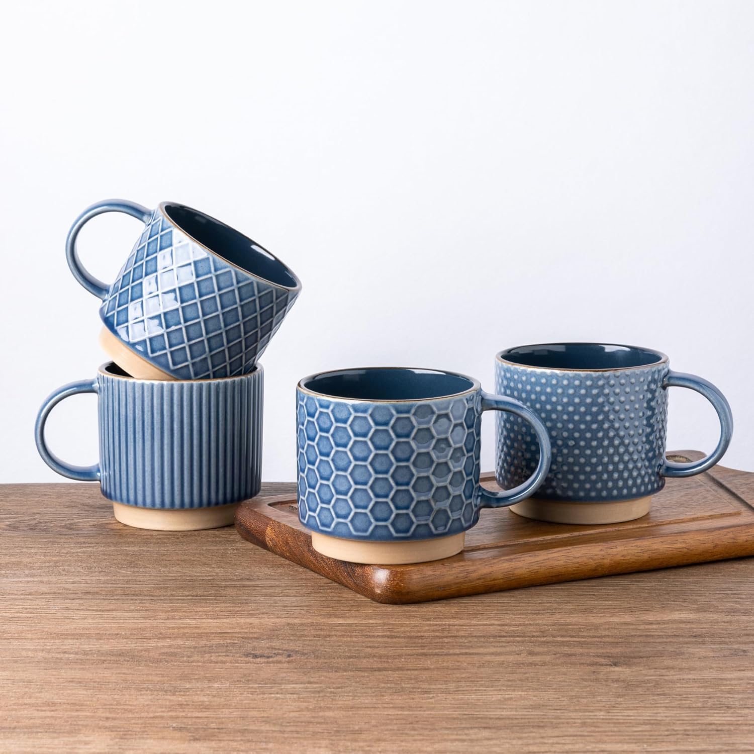 Stylish 12 OZ Stackable Ceramic Coffee Mugs Set of 4 - Textured Modern Cups for Latte, Cappuccino & Cocoa - Dishwasher & Microwave Safe - Perfect Gift for Men, Women, Dad & Mom