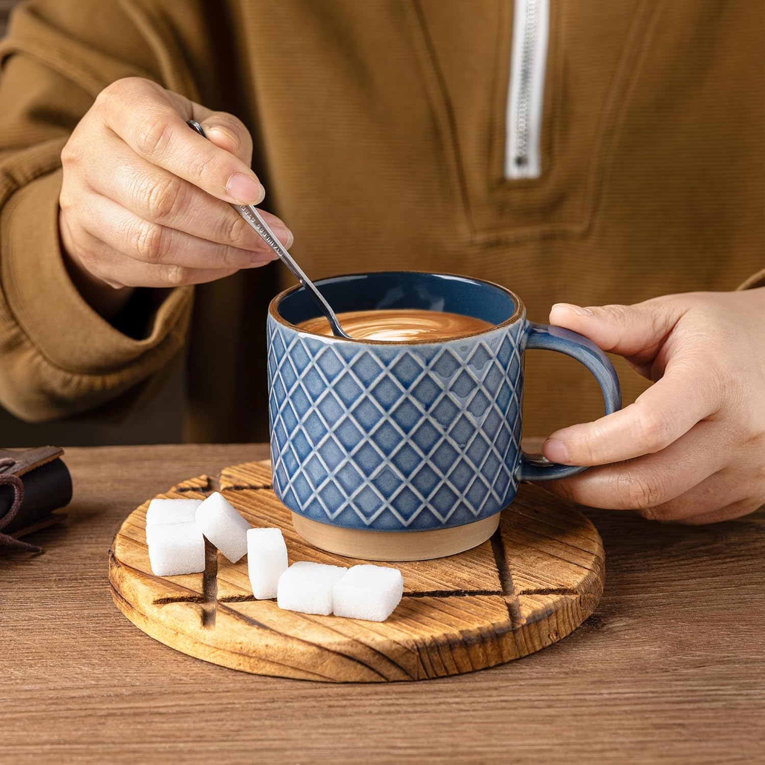 Stylish 12 OZ Stackable Ceramic Coffee Mugs Set of 4 - Textured Modern Cups for Latte, Cappuccino & Cocoa - Dishwasher & Microwave Safe - Perfect Gift for Men, Women, Dad & Mom
