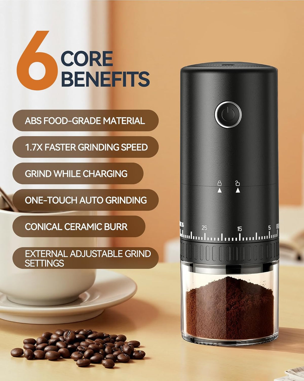 Revolutionary Rechargeable Coffee Grinder - Grind While Charging, 1.7X Faster with 38 Adjustable Settings, Conical Ceramic Burrs & 2000mAh Battery - Perfect for Travel & Camping!