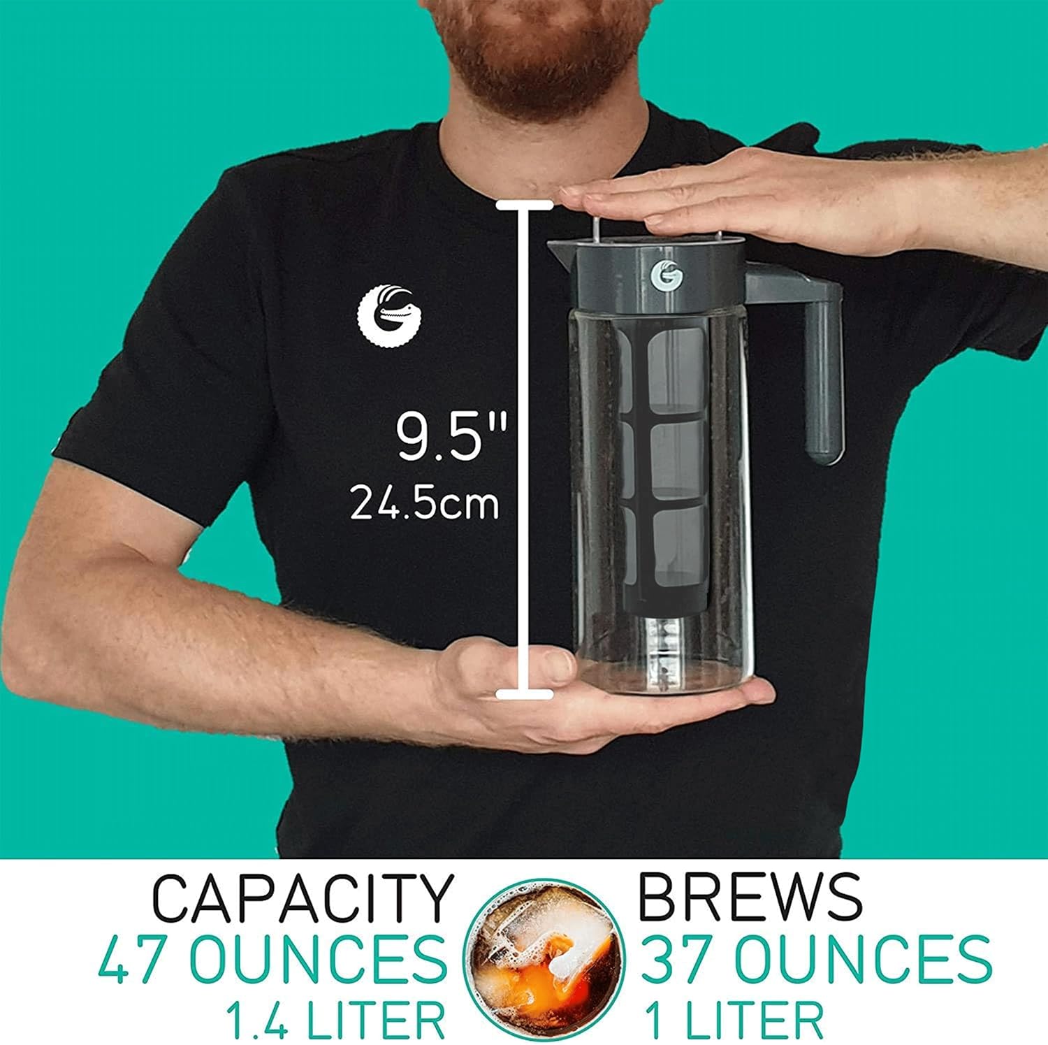 Experience the Ultimate Cold Brew Coffee Maker - 47 Oz Iced Tea & Cold Brew Pitcher with Glass Carafe, Filter, Funnel & Measuring Scoop in Sleek Black Design