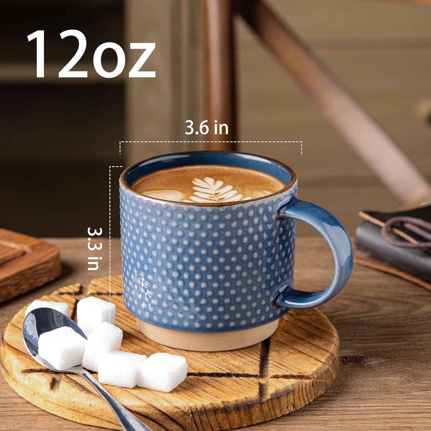 Stylish 12 OZ Stackable Ceramic Coffee Mugs Set of 4 - Textured Modern Cups for Latte, Cappuccino & Cocoa - Dishwasher & Microwave Safe - Perfect Gift for Men, Women, Dad & Mom