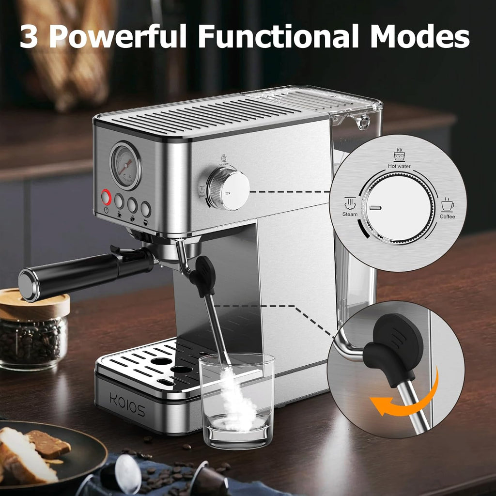 Elevate Your Coffee Experience with the KOIOS EM621 Espresso Machine - 20 Bar Compact Maker with Steam Wand and 58Oz Removable Water Tank in Sleek Silver