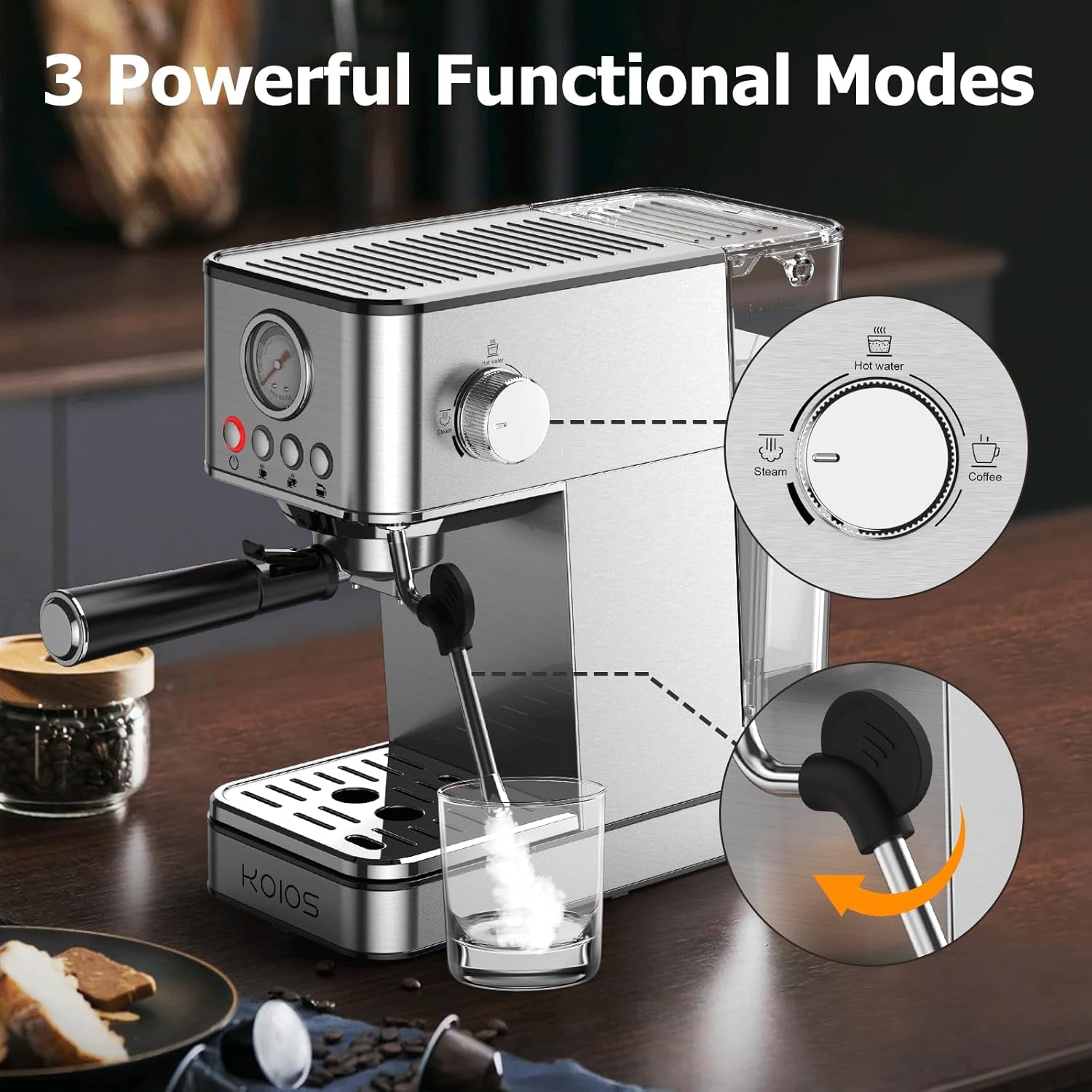 Elevate Your Coffee Experience with the KOIOS EM621 Espresso Machine - 20 Bar Compact Maker with Steam Wand and 58Oz Removable Water Tank in Sleek Silver