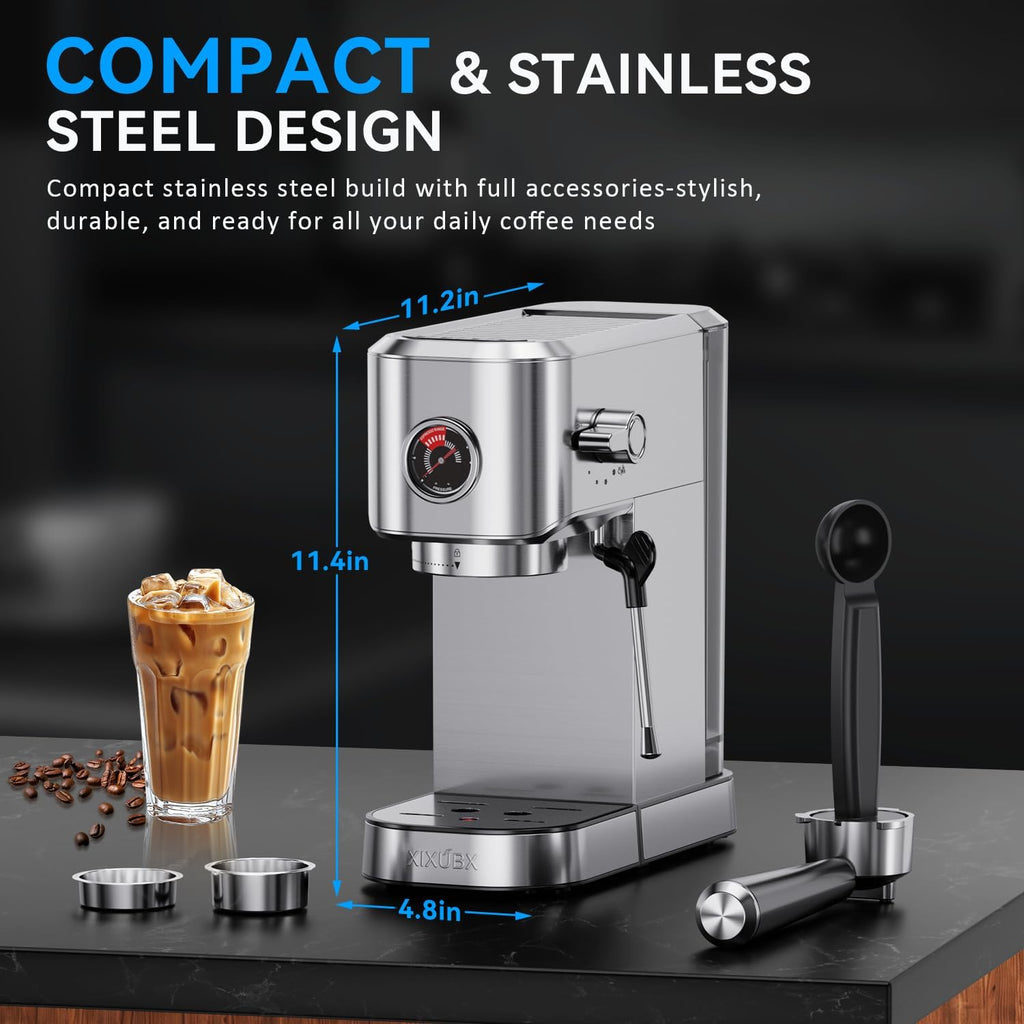 Premium 20Bar Espresso Machine with Milk Frother - Compact Stainless Steel Coffee Maker for Perfect Cappuccinos & Lattes, 42Oz Water Tank, and Visible Pressure Gauge - Ideal for Home & Office Use